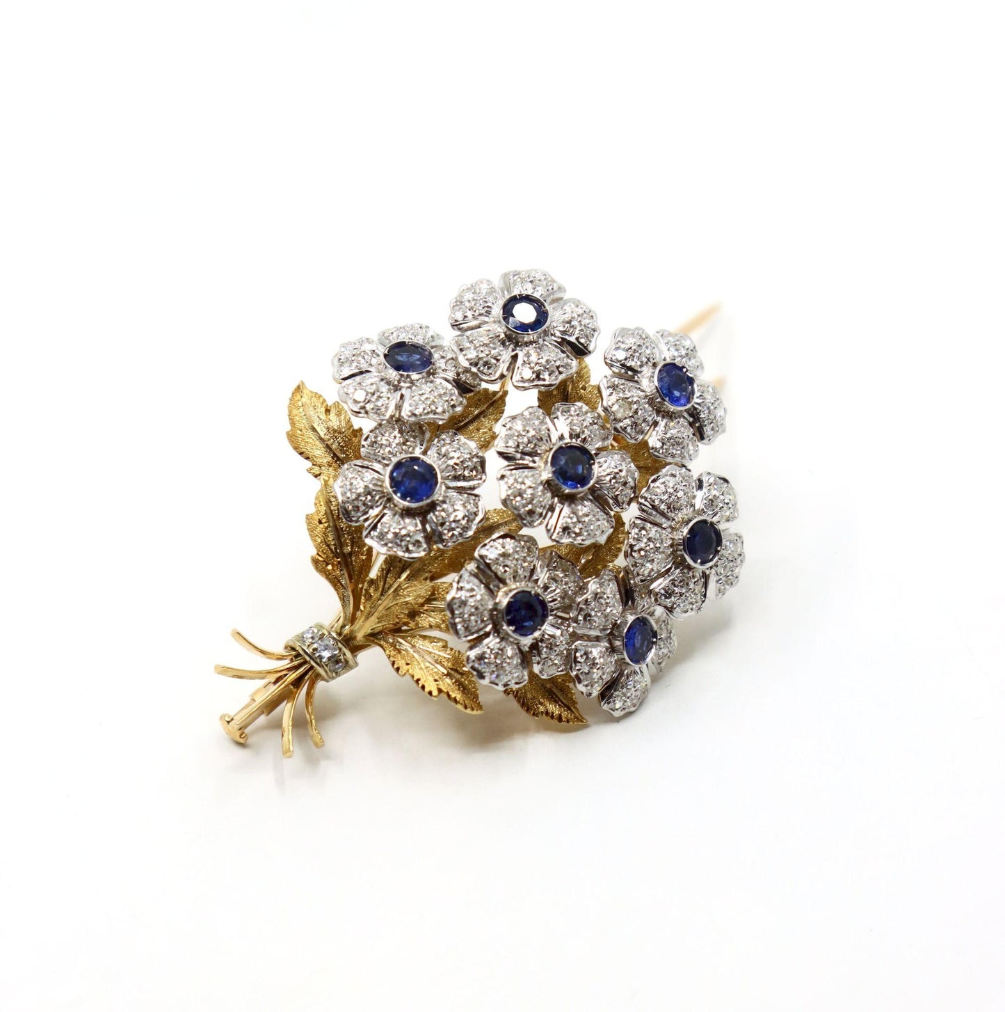 Rare Buccellati 18K Gold & Platinum En Tremblant Sapphire Diamond Set Brooch Pin