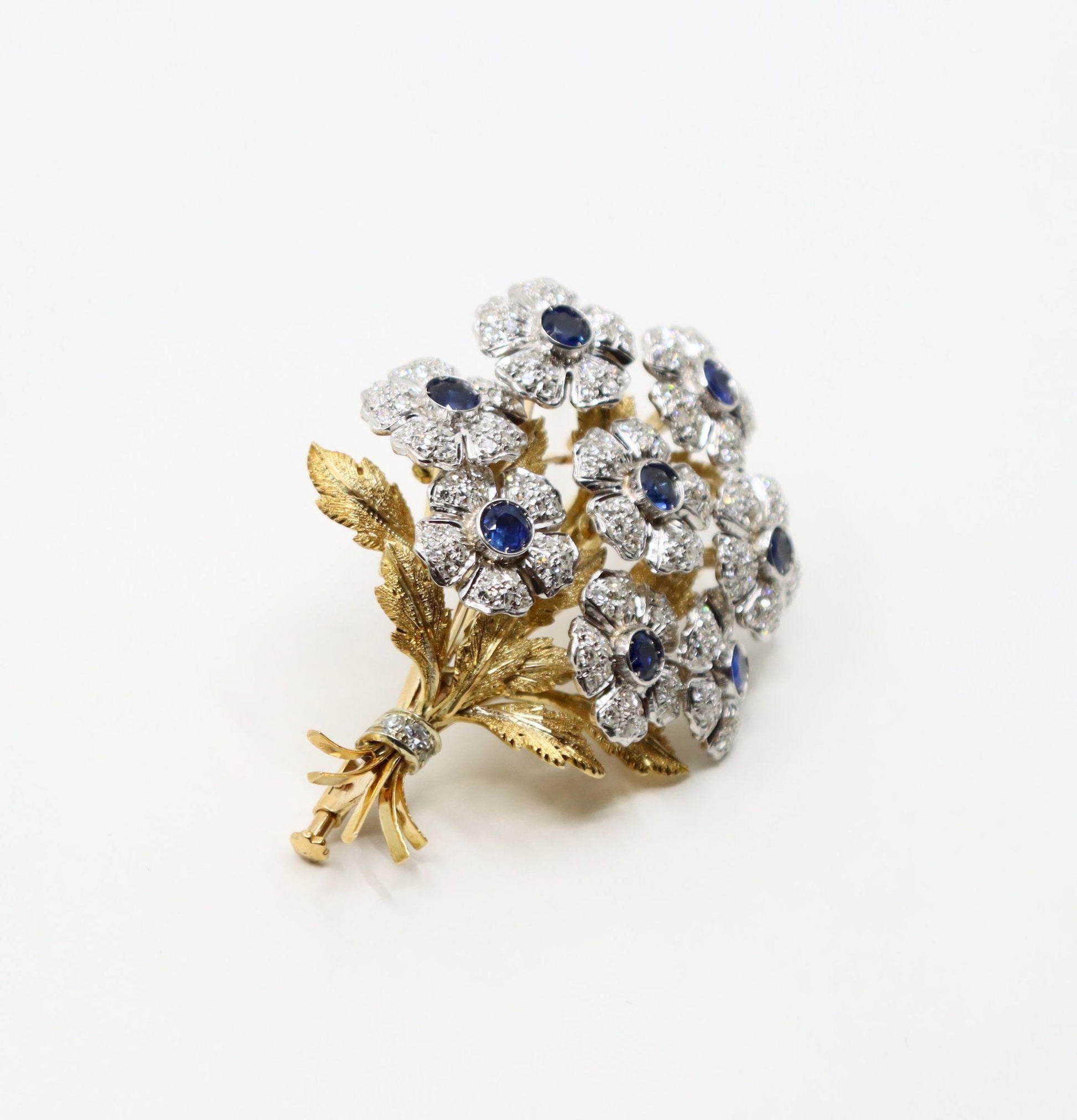 Rare Buccellati 18K Gold & Platinum En Tremblant Sapphire Diamond Set Brooch Pin
