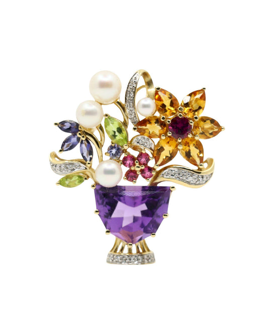 14K Gold Muti-Gemstone Blossom Bouquet Brooch