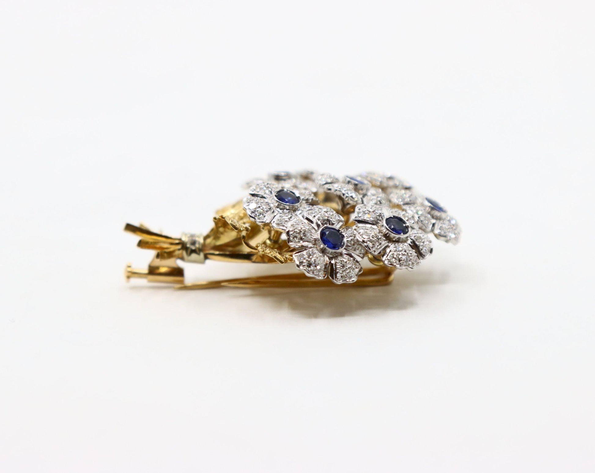 Rare Buccellati 18K Gold & Platinum En Tremblant Sapphire Diamond Set Brooch Pin
