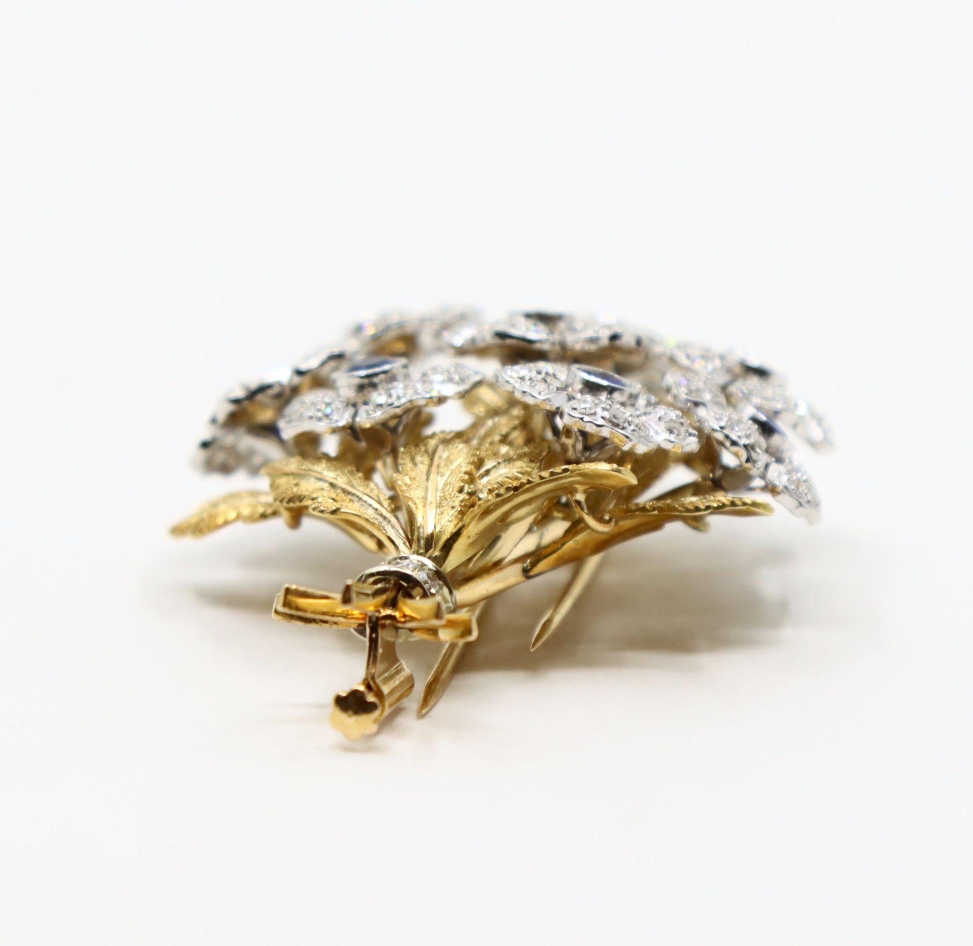 Rare Buccellati 18K Gold & Platinum En Tremblant Sapphire Diamond Set Brooch Pin