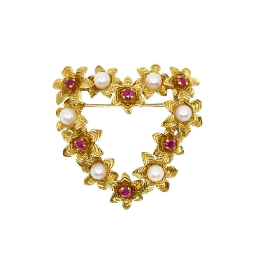 Vintage Tiffany & Co. 18k Gold Ruby Pearl Heart Brooch Pin