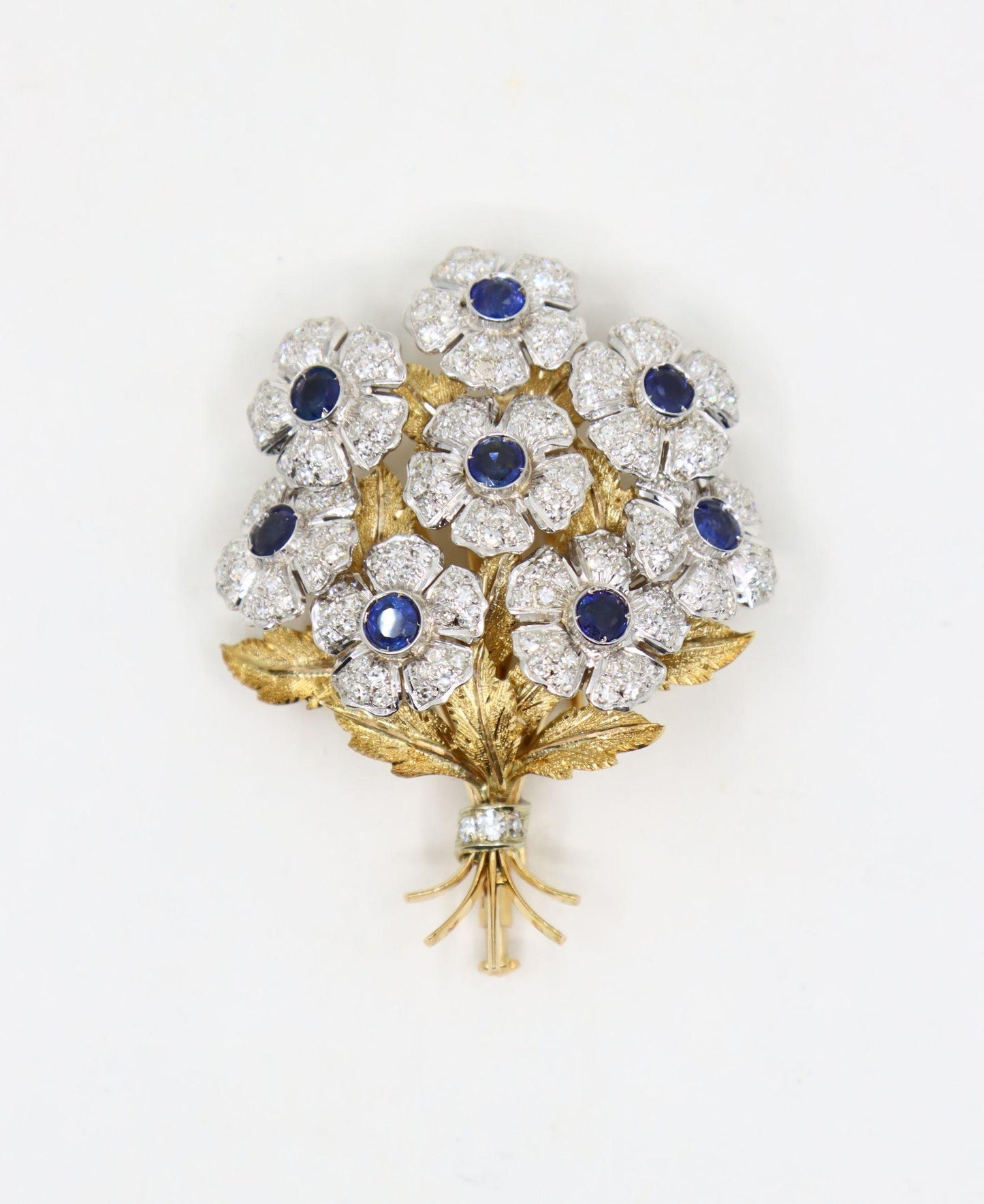Rare Buccellati 18K Gold & Platinum En Tremblant Sapphire Diamond Set Brooch Pin