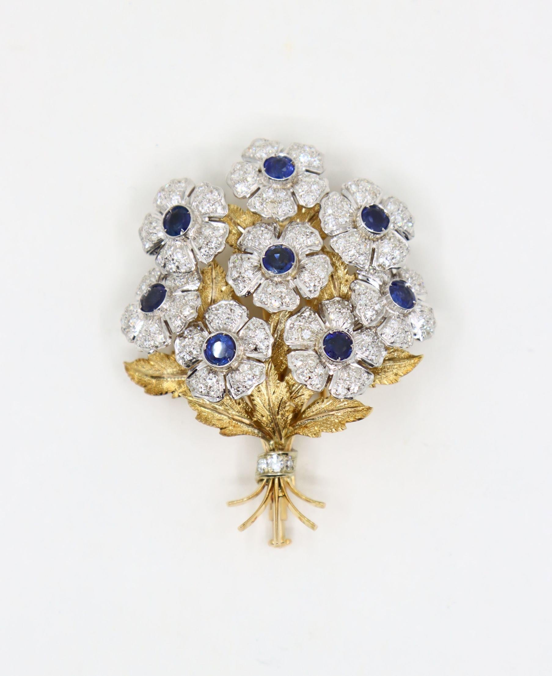 Rare Buccellati 18K Gold & Platinum En Tremblant Sapphire Diamond Set Brooch Pin