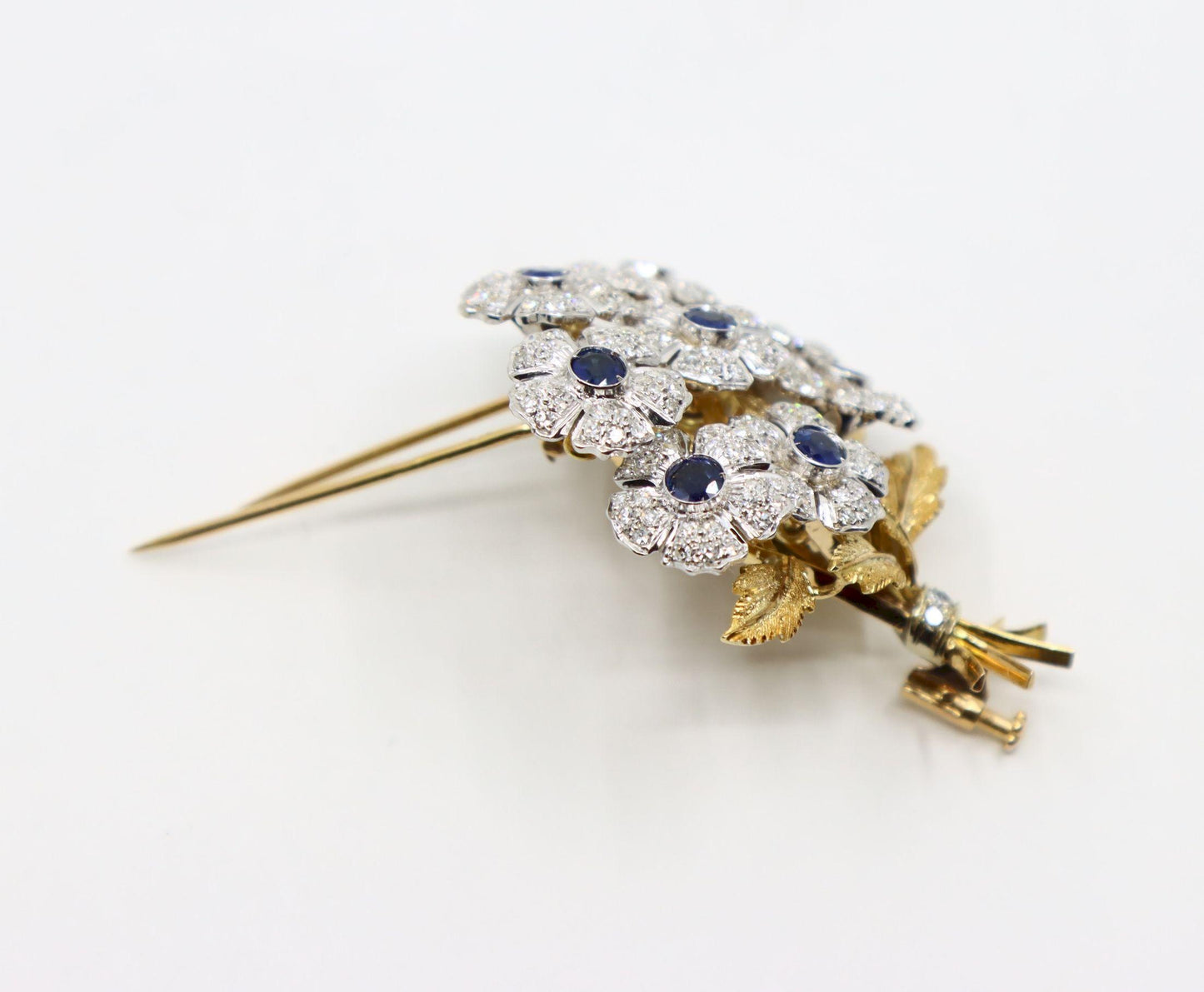 Rare Buccellati 18K Gold & Platinum En Tremblant Sapphire Diamond Set Brooch Pin