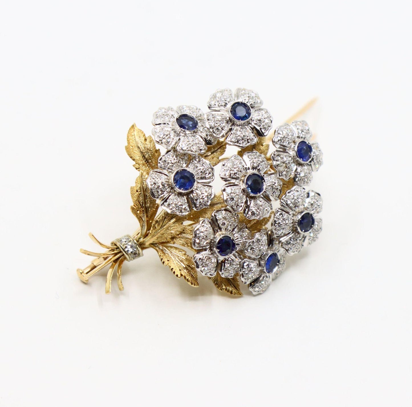 Rare Buccellati 18K Gold & Platinum En Tremblant Sapphire Diamond Set Brooch Pin