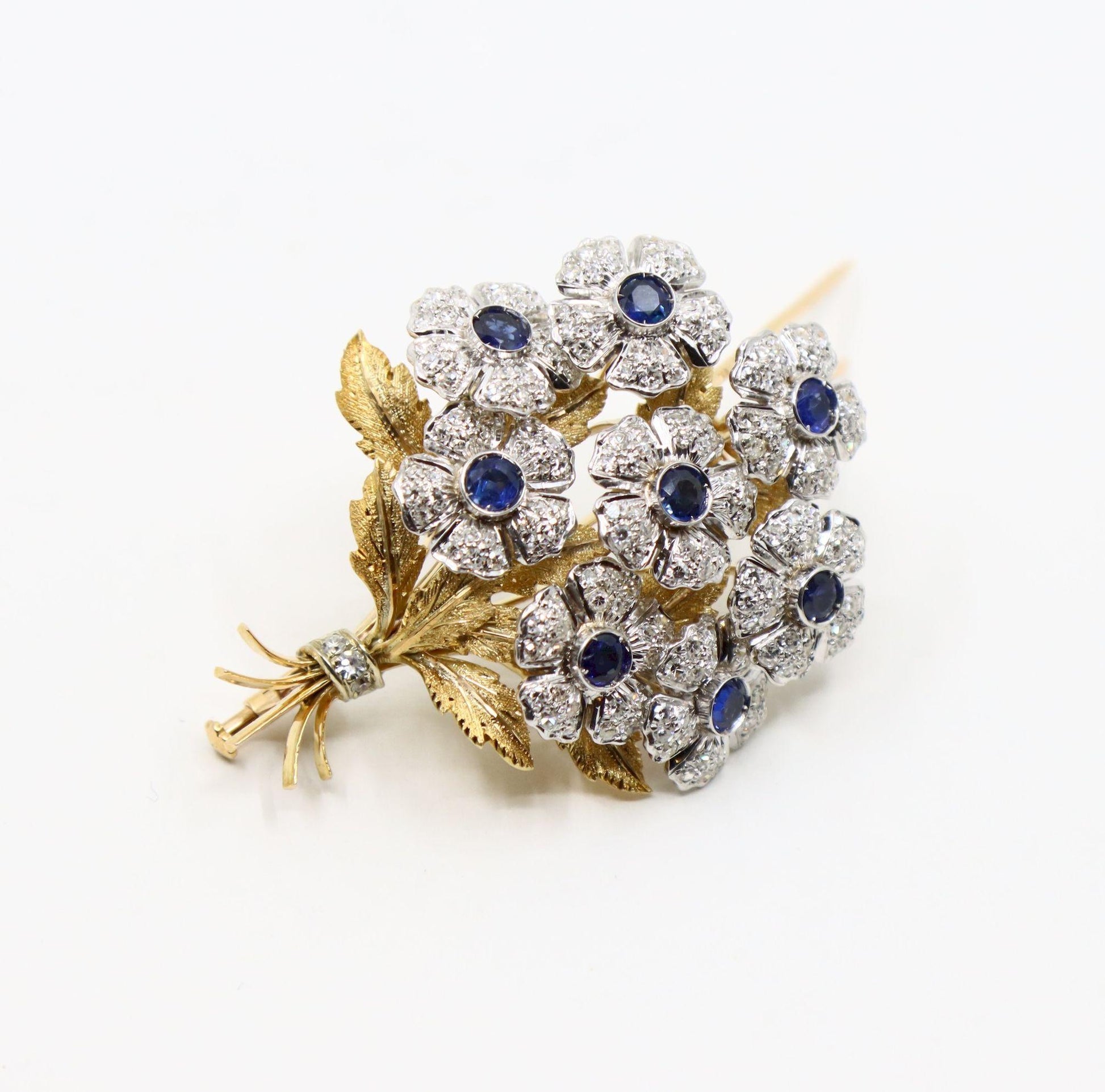 Rare Buccellati 18K Gold & Platinum En Tremblant Sapphire Diamond Set Brooch Pin