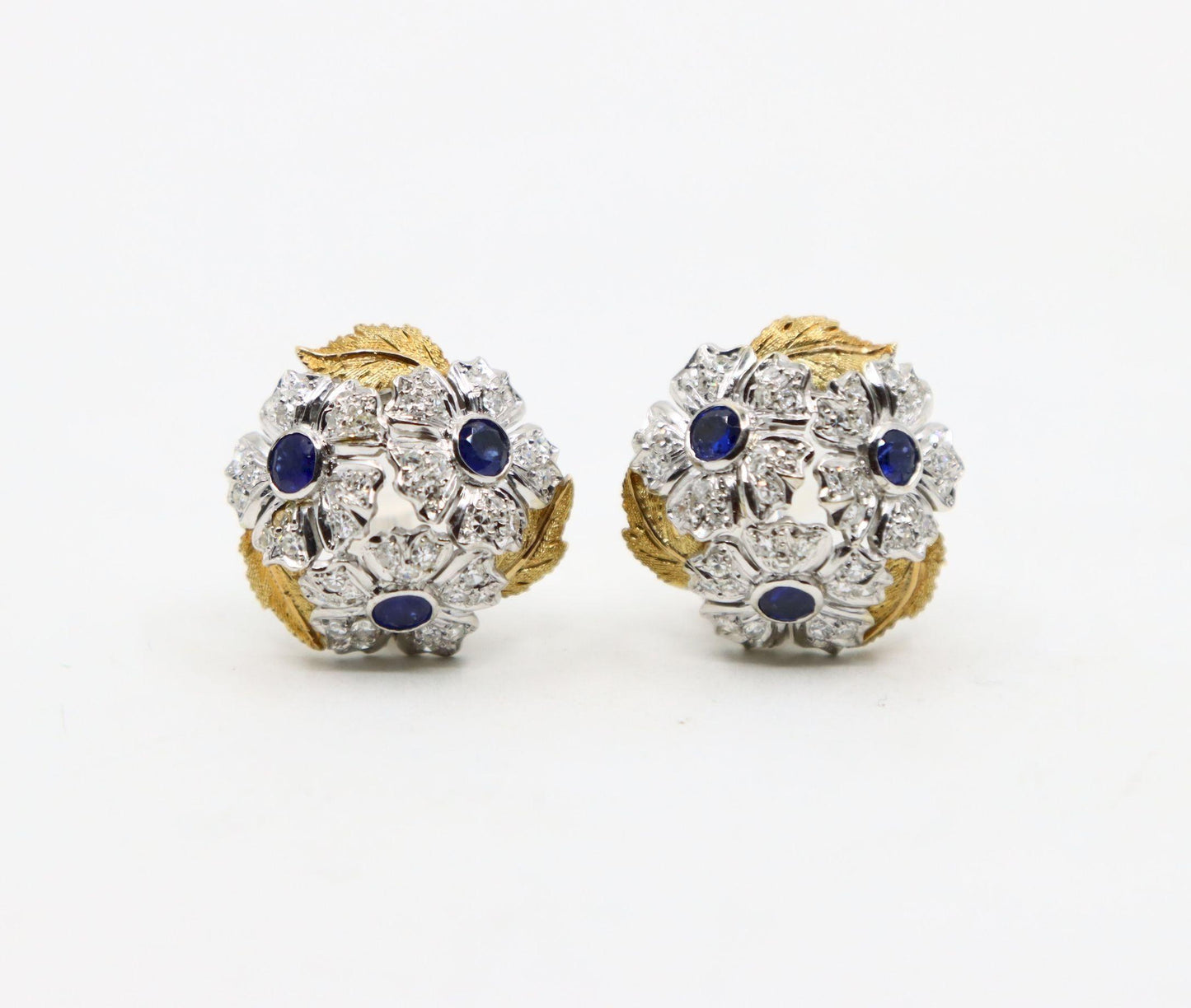 Rare Buccellati 18K Gold & Platinum Sapphire Diamond Flower Set Earrings