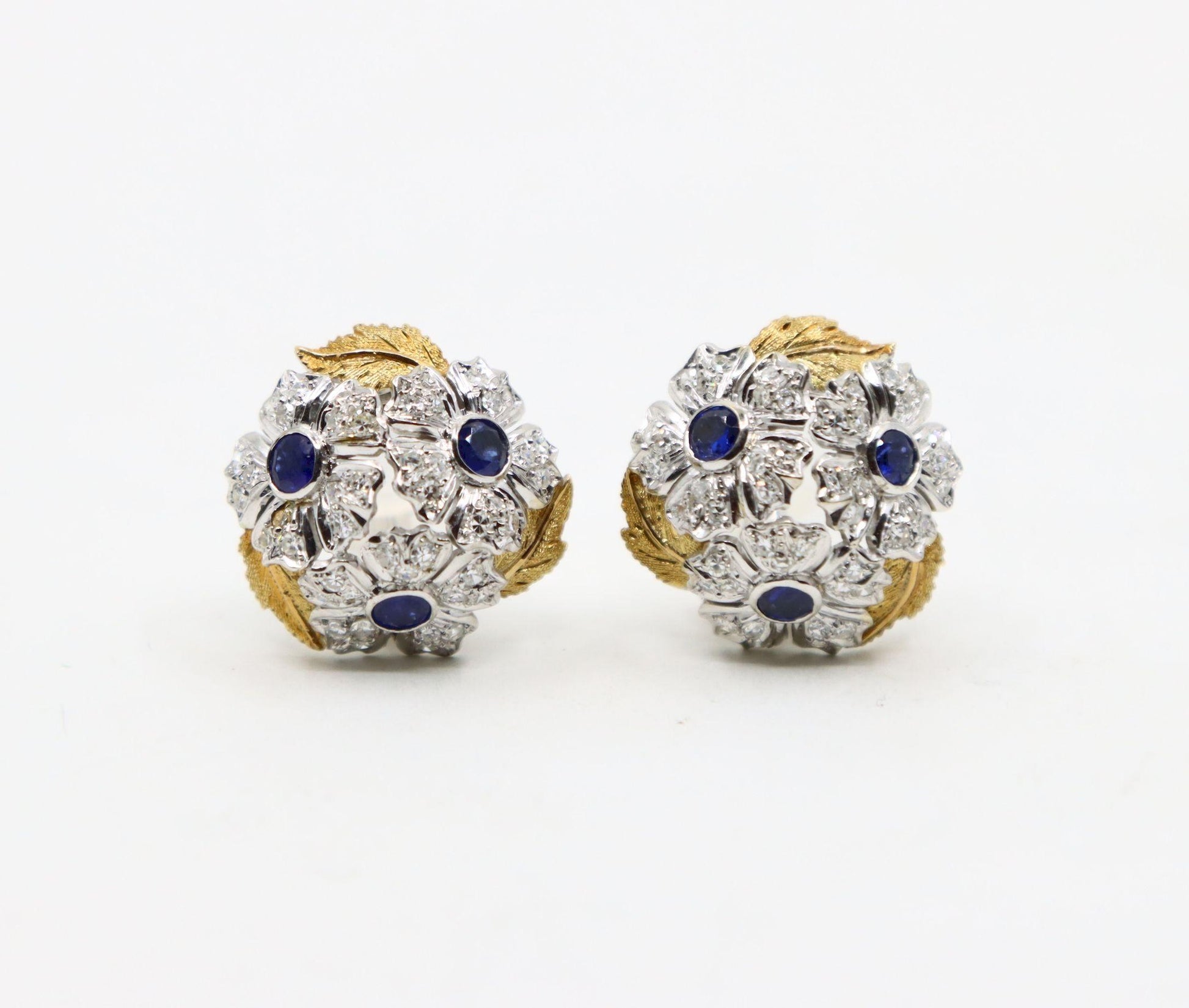 Rare Buccellati 18K Gold & Platinum Sapphire Diamond Flower Set Earrings