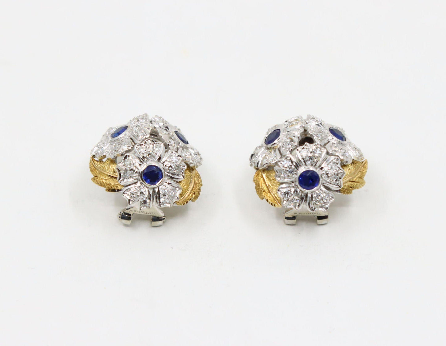 Rare Buccellati 18K Gold & Platinum Sapphire Diamond Flower Set Earrings