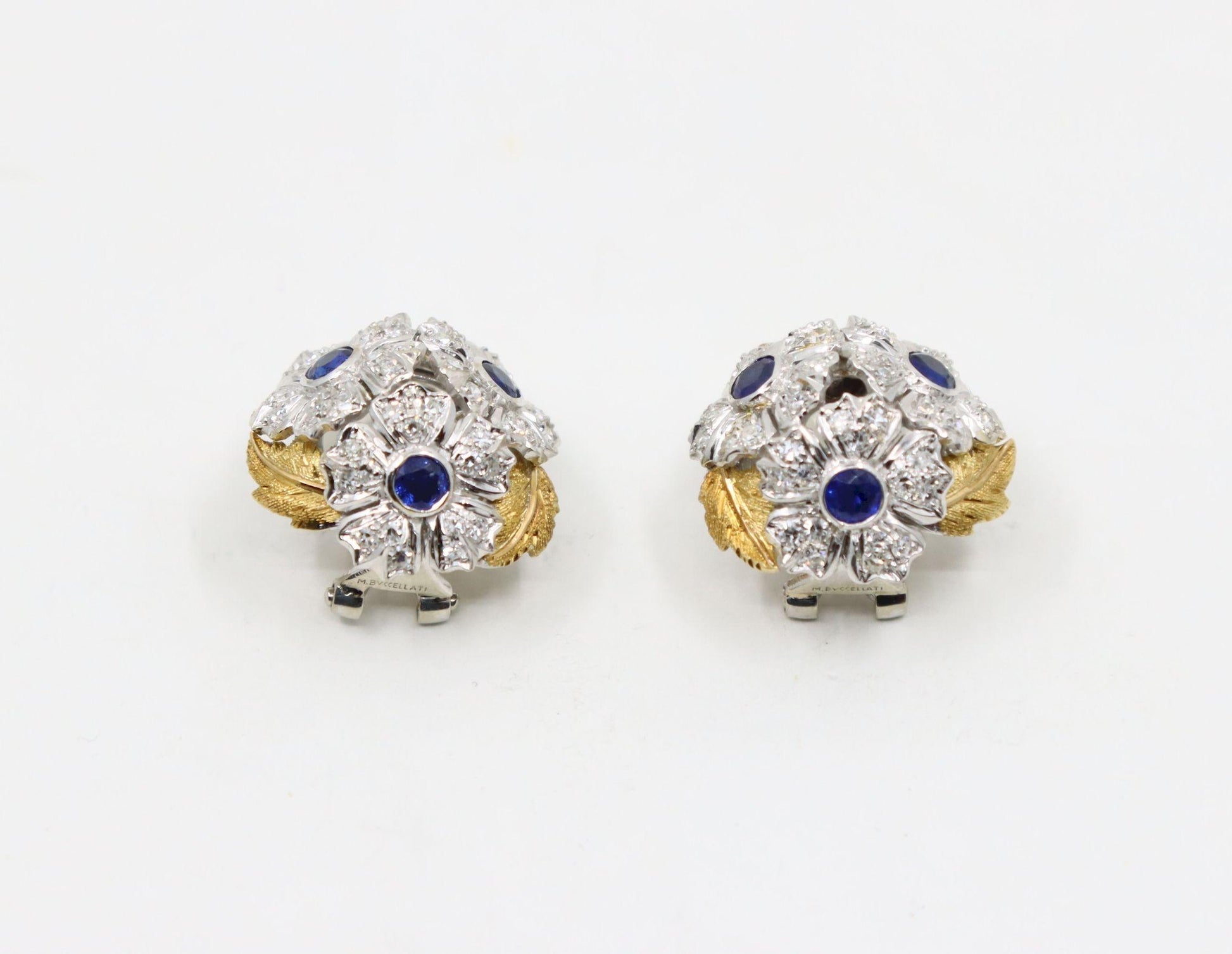 Rare Buccellati 18K Gold & Platinum Sapphire Diamond Flower Set Earrings