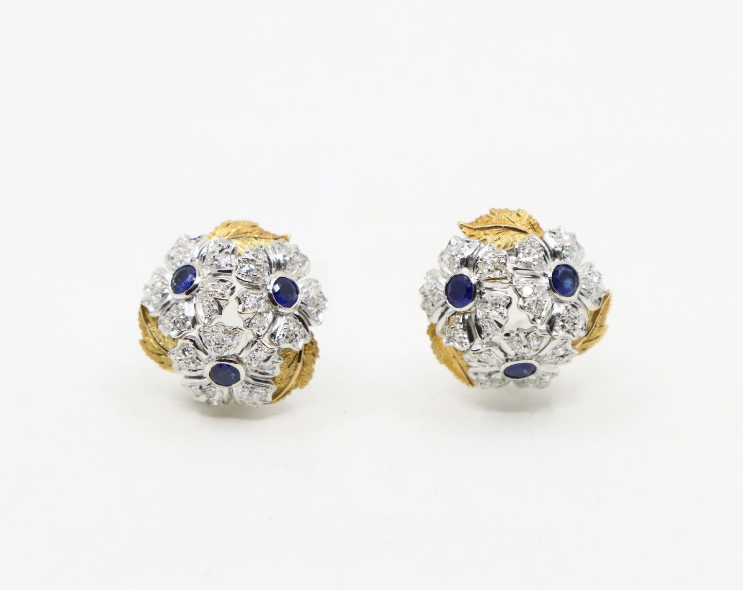 Rare Buccellati 18K Gold & Platinum Sapphire Diamond Flower Set Earrings