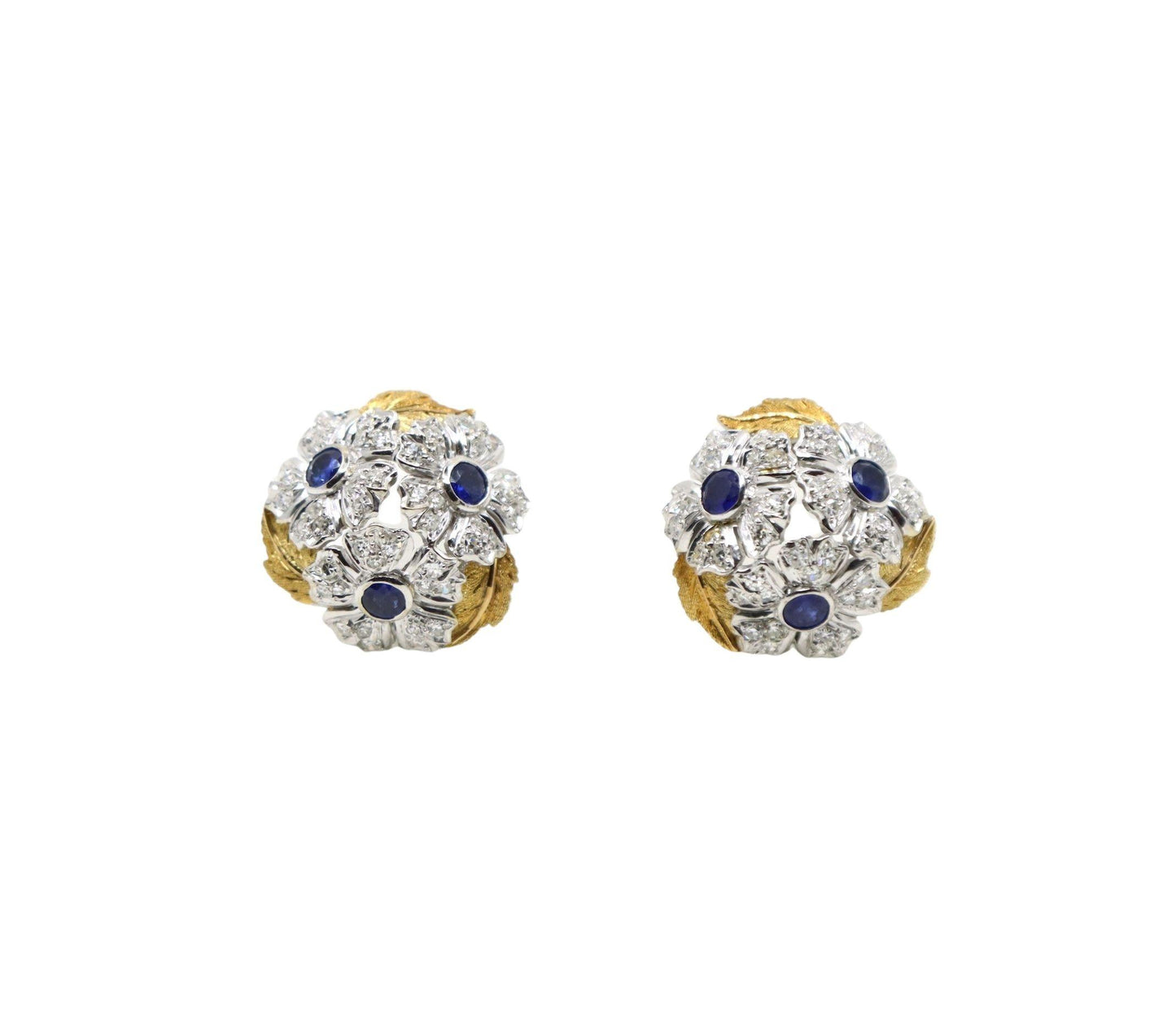 Rare Buccellati 18K Gold & Platinum Sapphire Diamond Flower Set Earrings