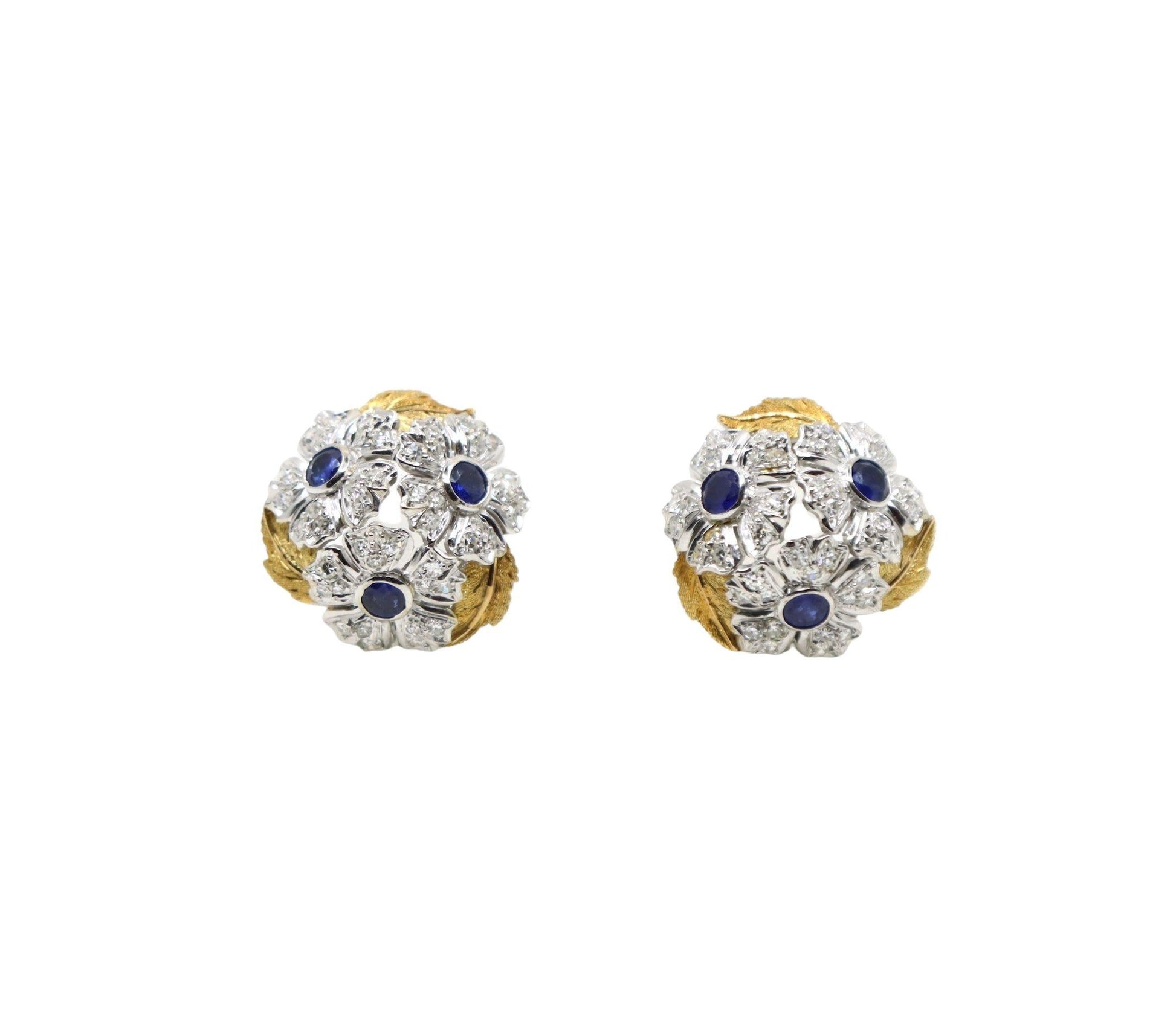 Rare Buccellati 18K Gold & Platinum Sapphire Diamond Flower Set Earrings