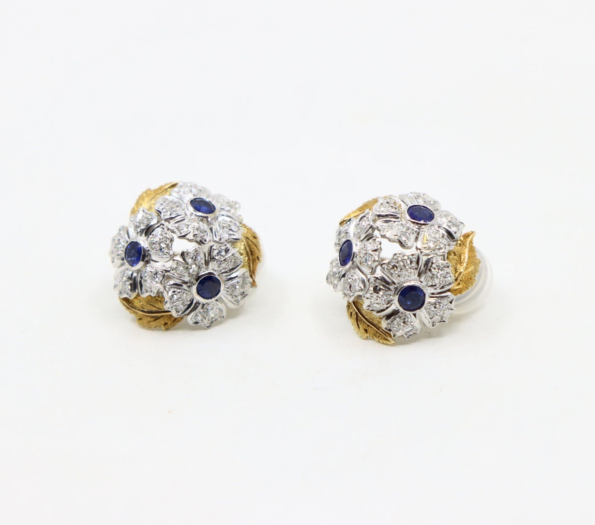 Rare Buccellati 18K Gold & Platinum Sapphire Diamond Flower Set Earrings