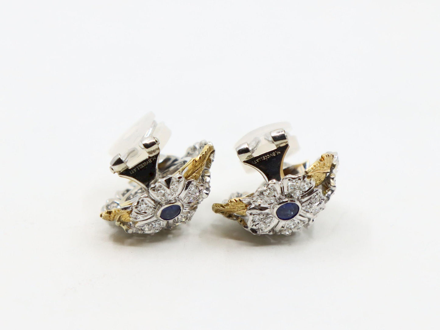 Rare Buccellati 18K Gold & Platinum Sapphire Diamond Flower Set Earrings