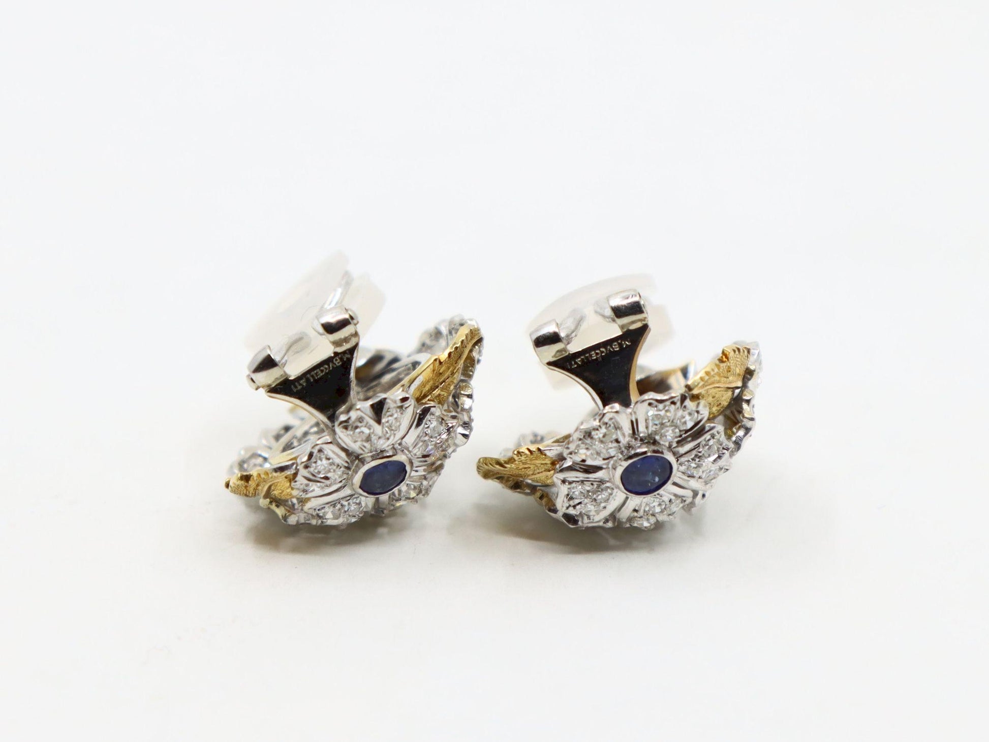 Rare Buccellati 18K Gold & Platinum Sapphire Diamond Flower Set Earrings