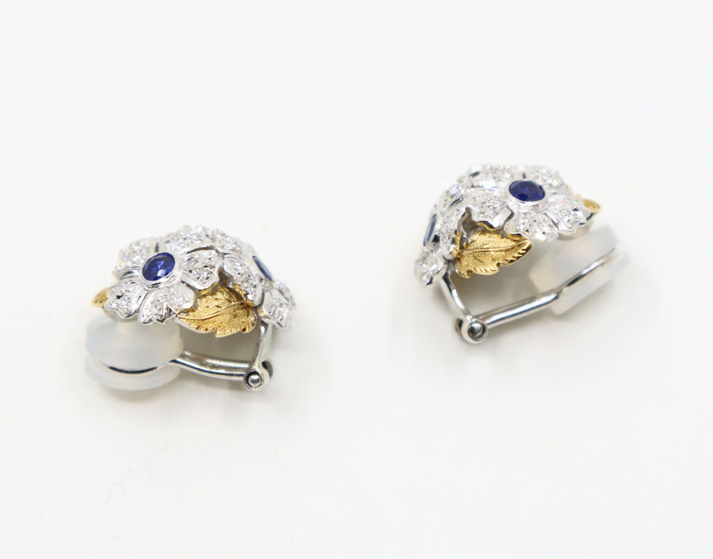 Rare Buccellati 18K Gold & Platinum Sapphire Diamond Flower Set Earrings