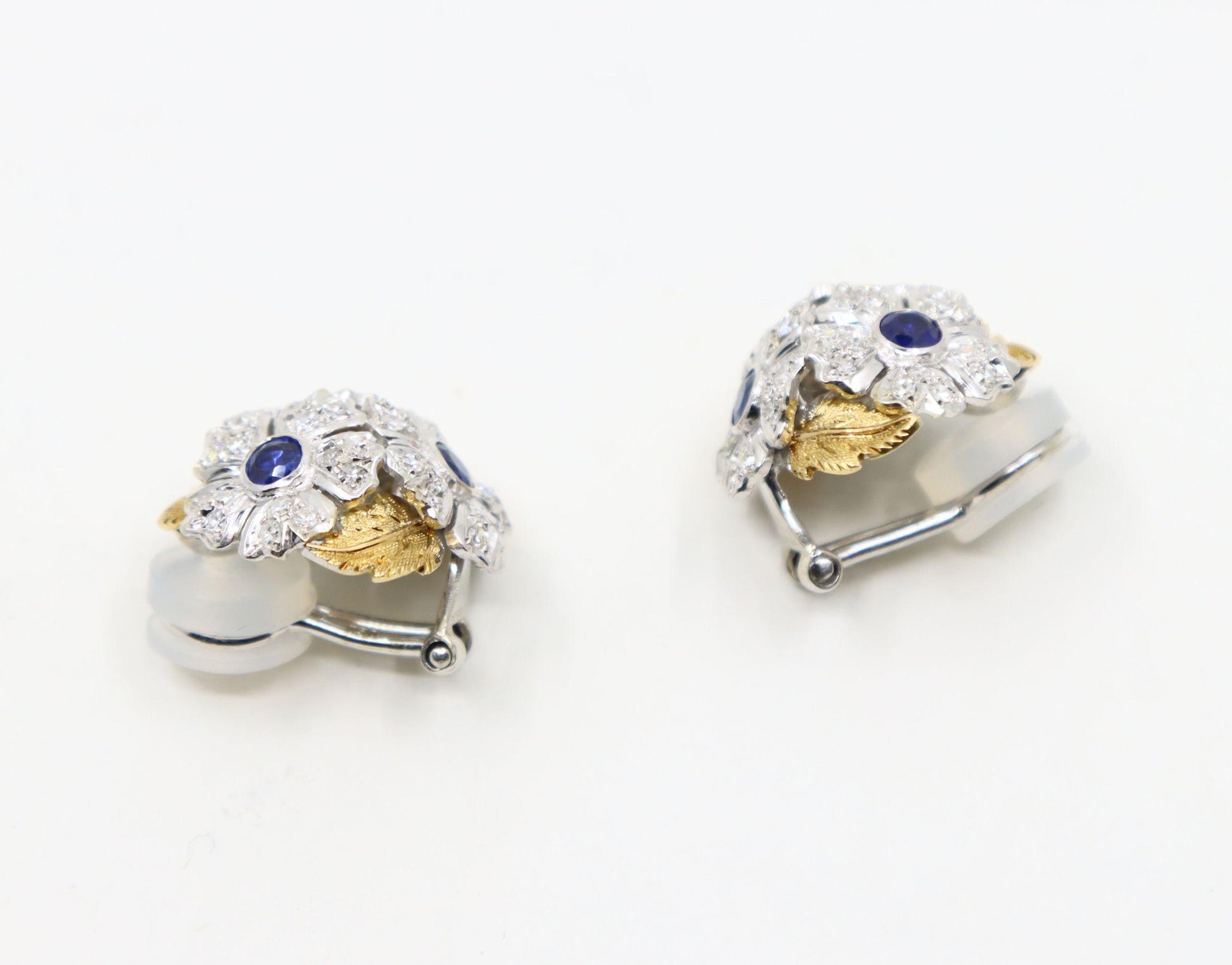 Rare Buccellati 18K Gold & Platinum Sapphire Diamond Flower Set Earrings