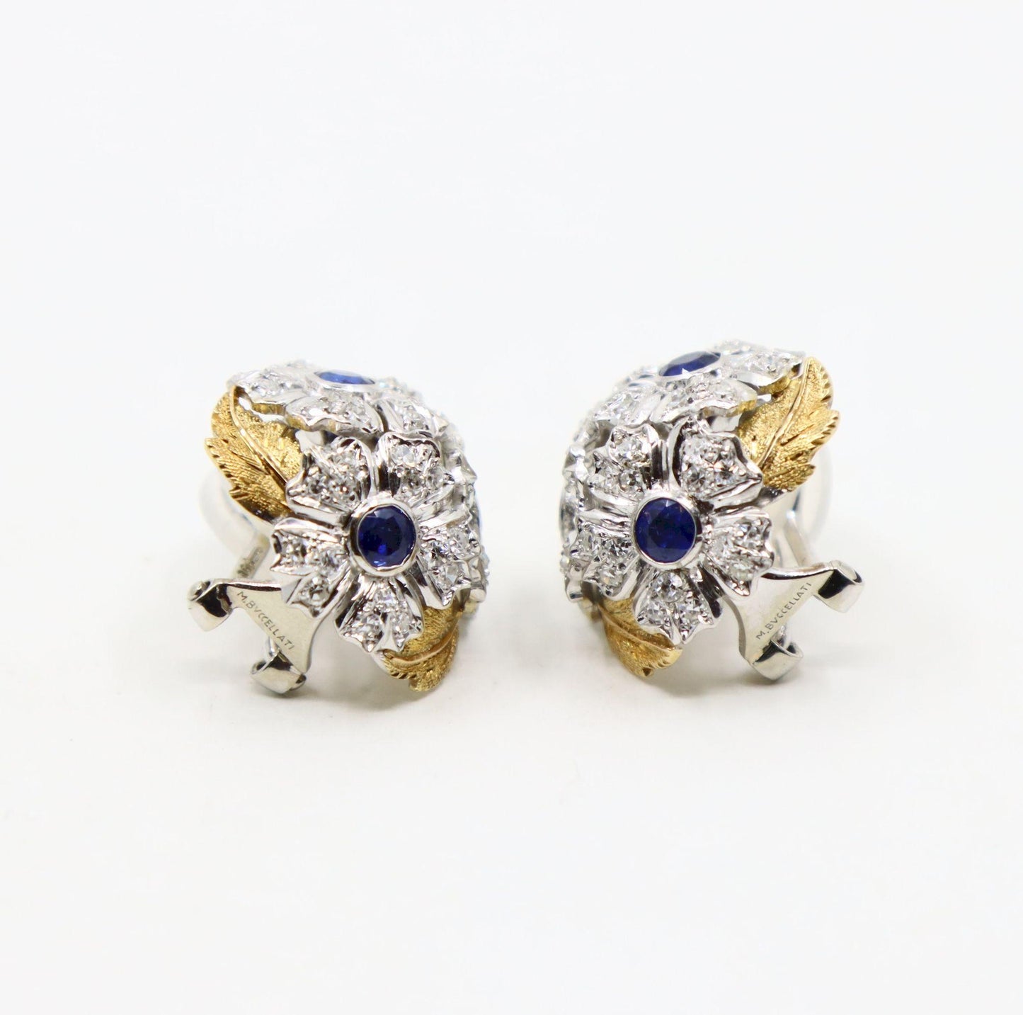 Rare Buccellati 18K Gold & Platinum Sapphire Diamond Flower Set Earrings
