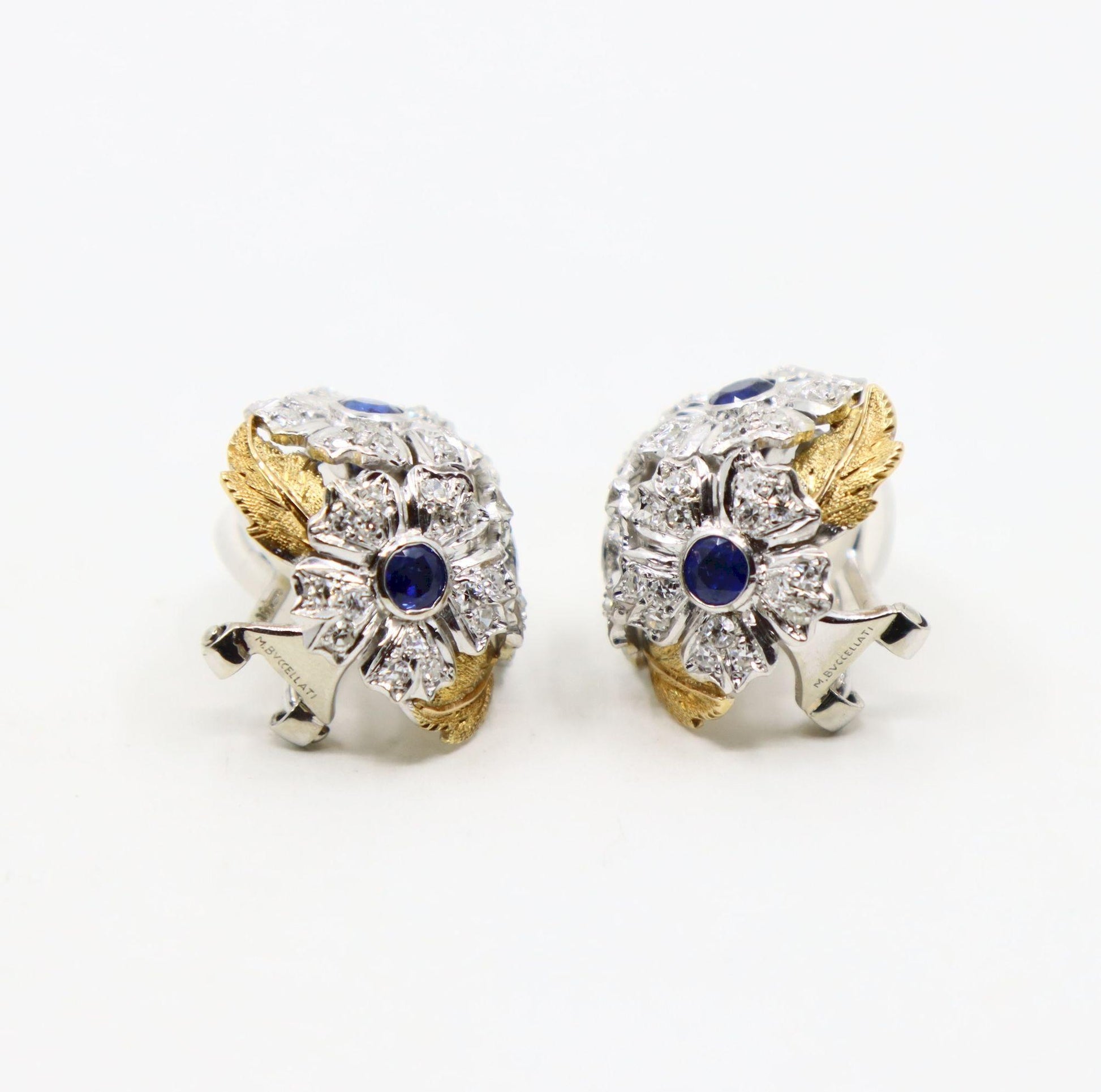 Rare Buccellati 18K Gold & Platinum Sapphire Diamond Flower Set Earrings
