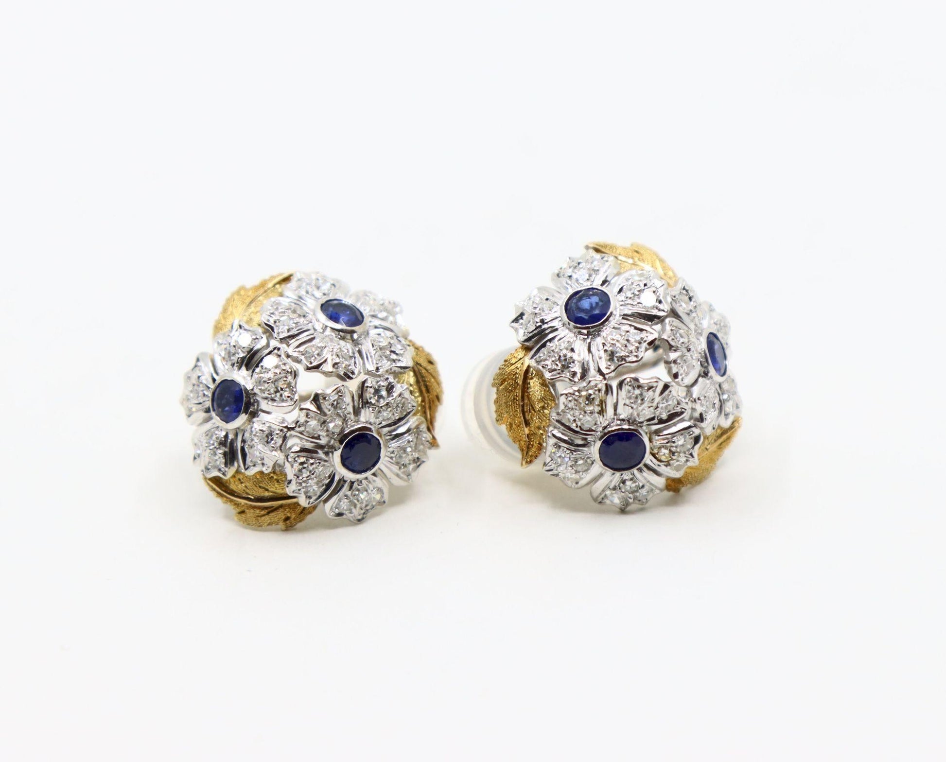 Rare Buccellati 18K Gold & Platinum Sapphire Diamond Flower Set Earrings