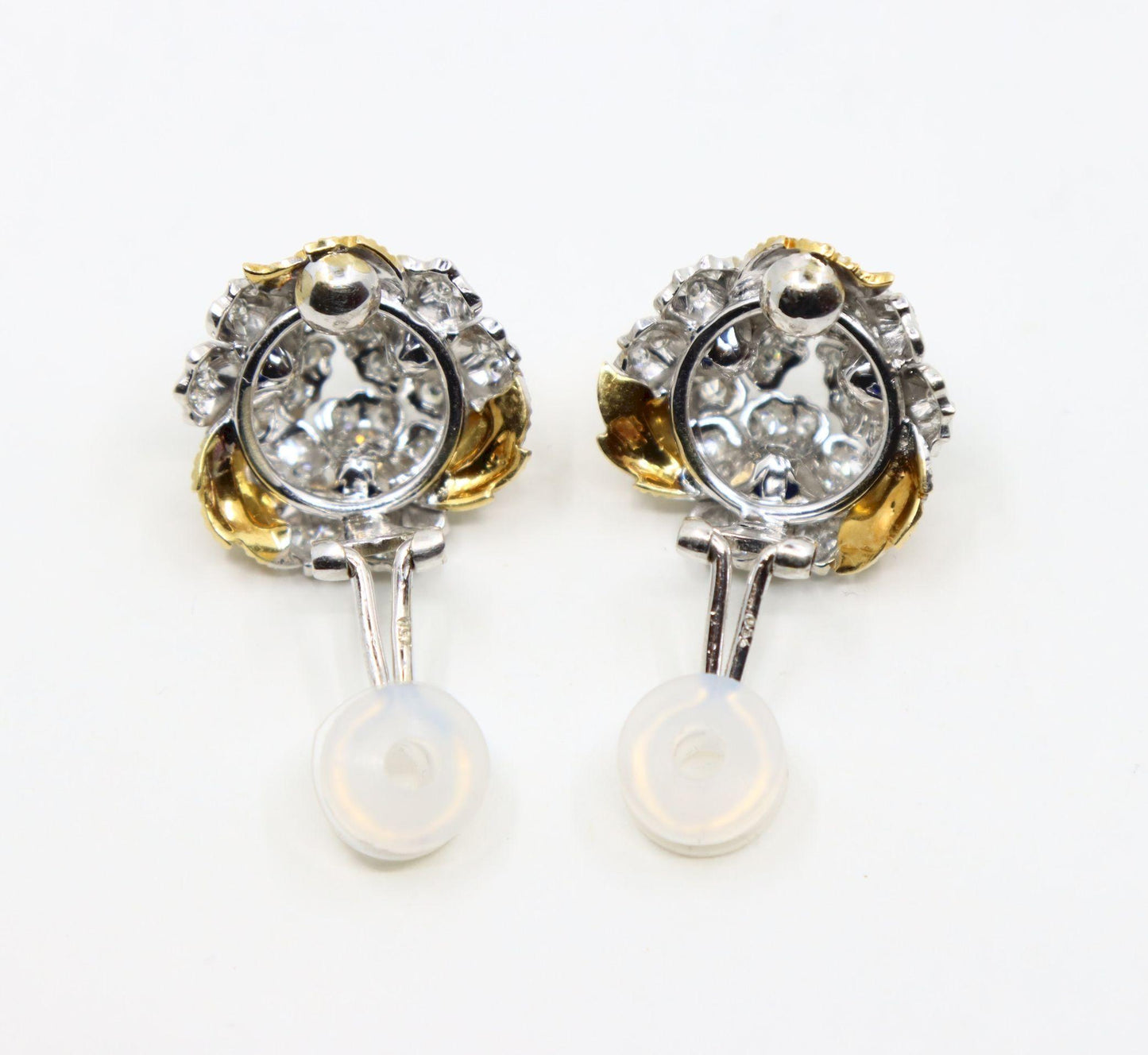 Rare Buccellati 18K Gold & Platinum Sapphire Diamond Flower Set Earrings