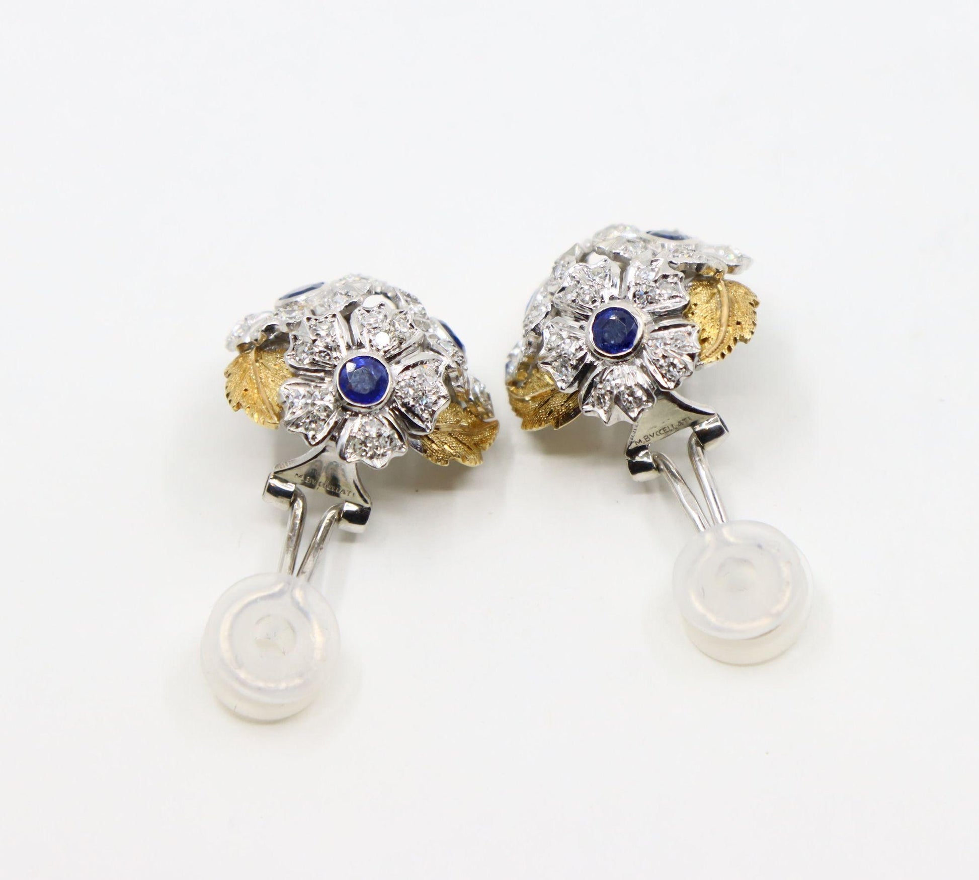 Rare Buccellati 18K Gold & Platinum Sapphire Diamond Flower Set Earrings