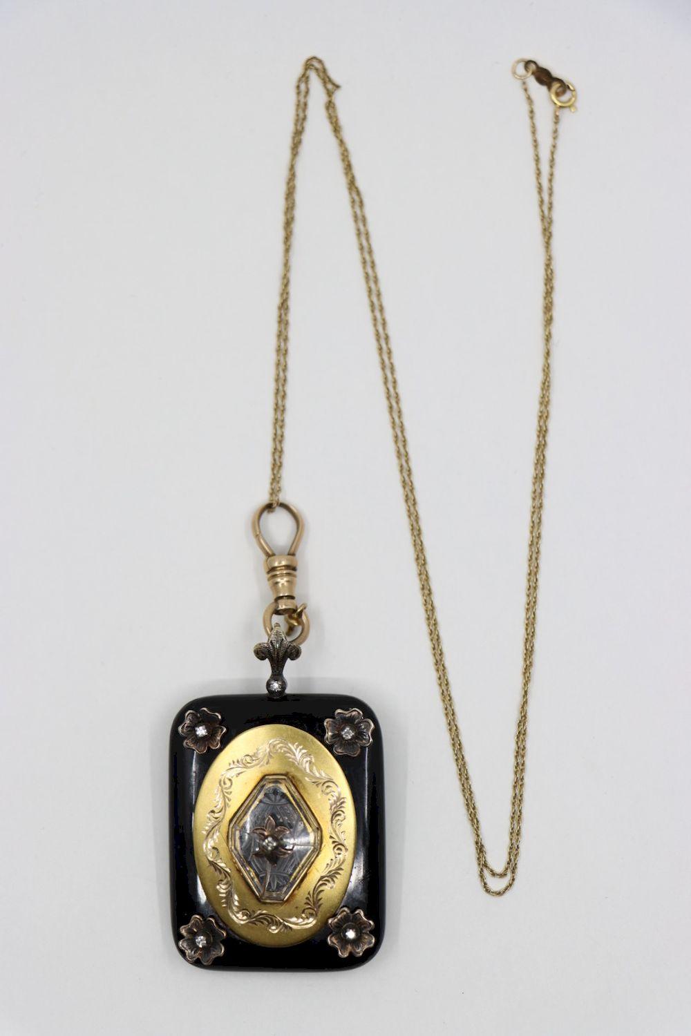 Antique Victorian 14K Gold Black Onyx Pendant Necklace