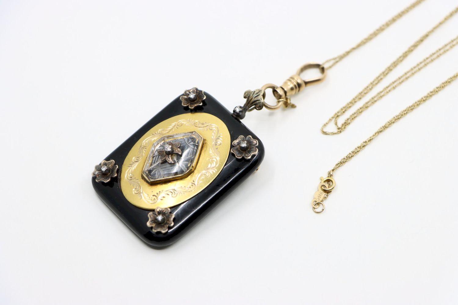 Antique Victorian 14K Gold Black Onyx Pendant Necklace