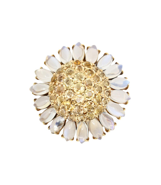 14K Gold Citrine Moonstone Sunflower Brooch