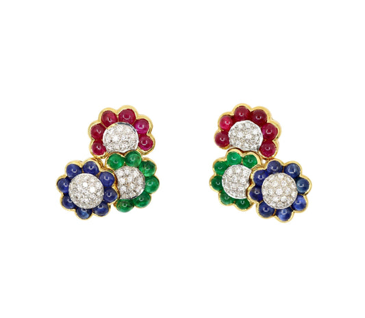 Vintage 18K Gold Diamond Ruby Sapphire Emerald Earrings