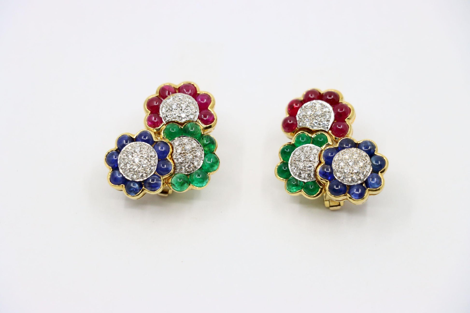 Vintage 18K Gold Diamond Ruby Sapphire Emerald Earrings