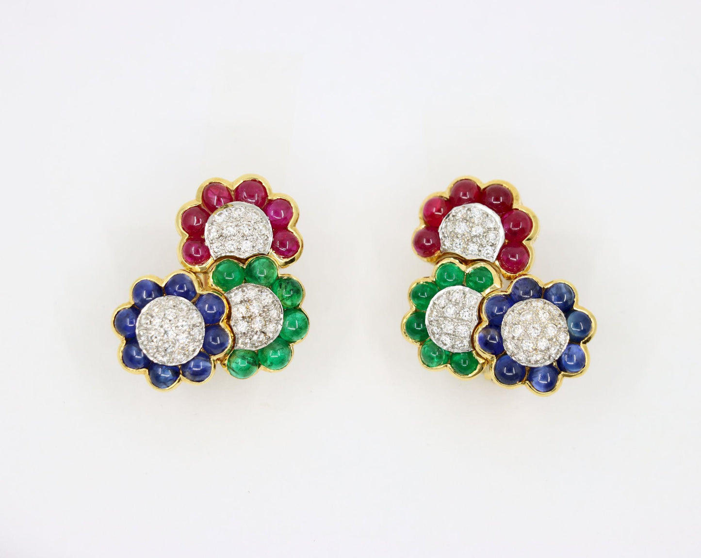 Vintage 18K Gold Diamond Ruby Sapphire Emerald Earrings