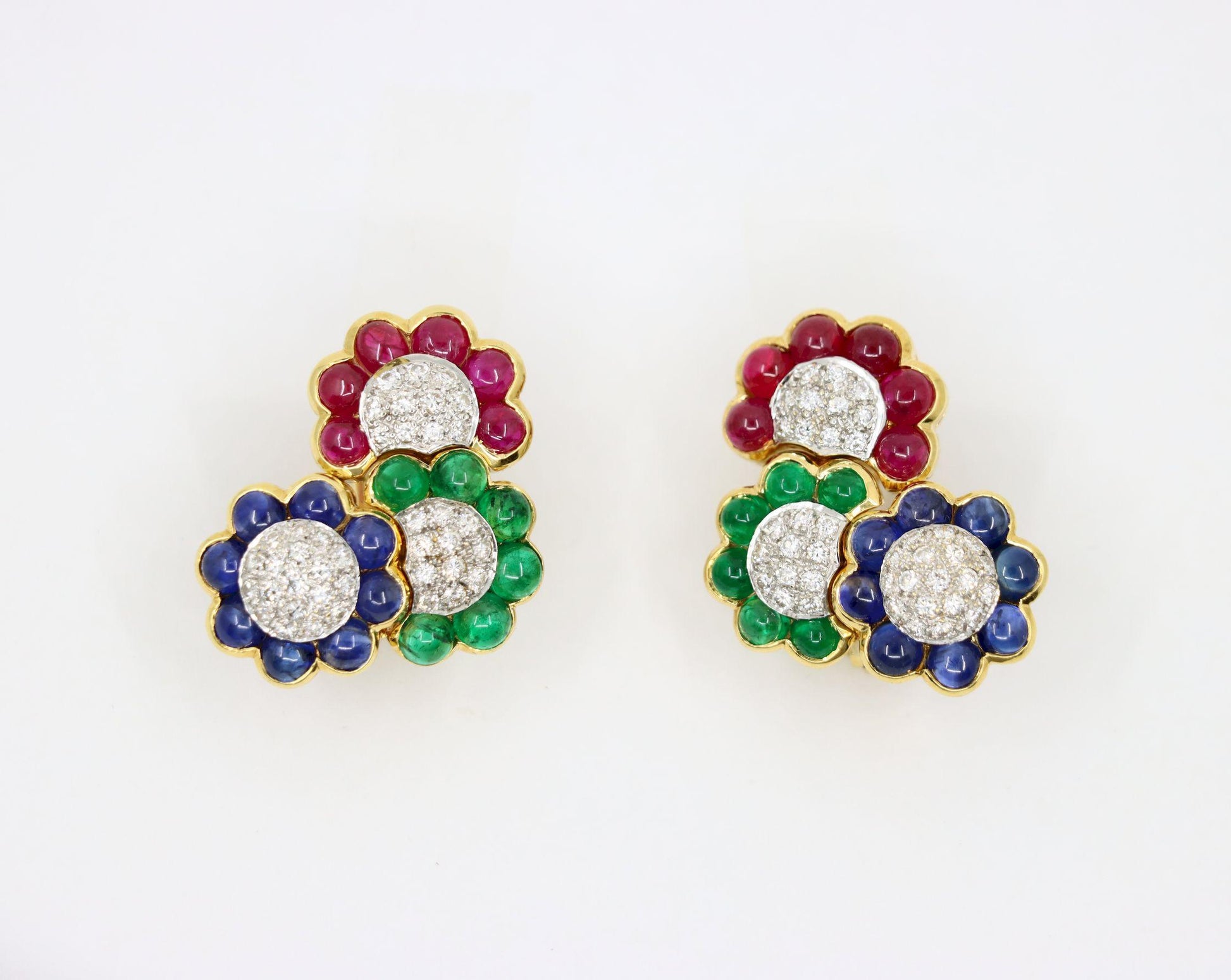 Vintage 18K Gold Diamond Ruby Sapphire Emerald Earrings