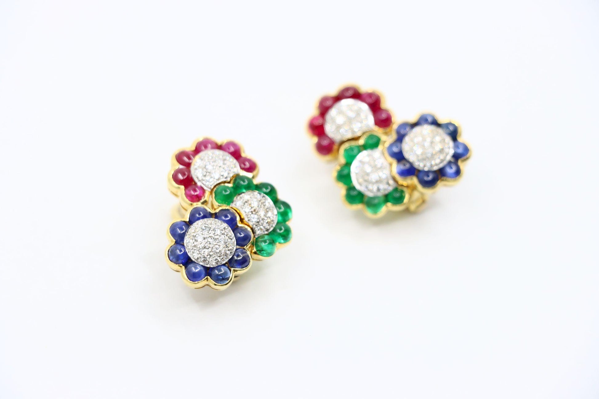 Vintage 18K Gold Diamond Ruby Sapphire Emerald Earrings