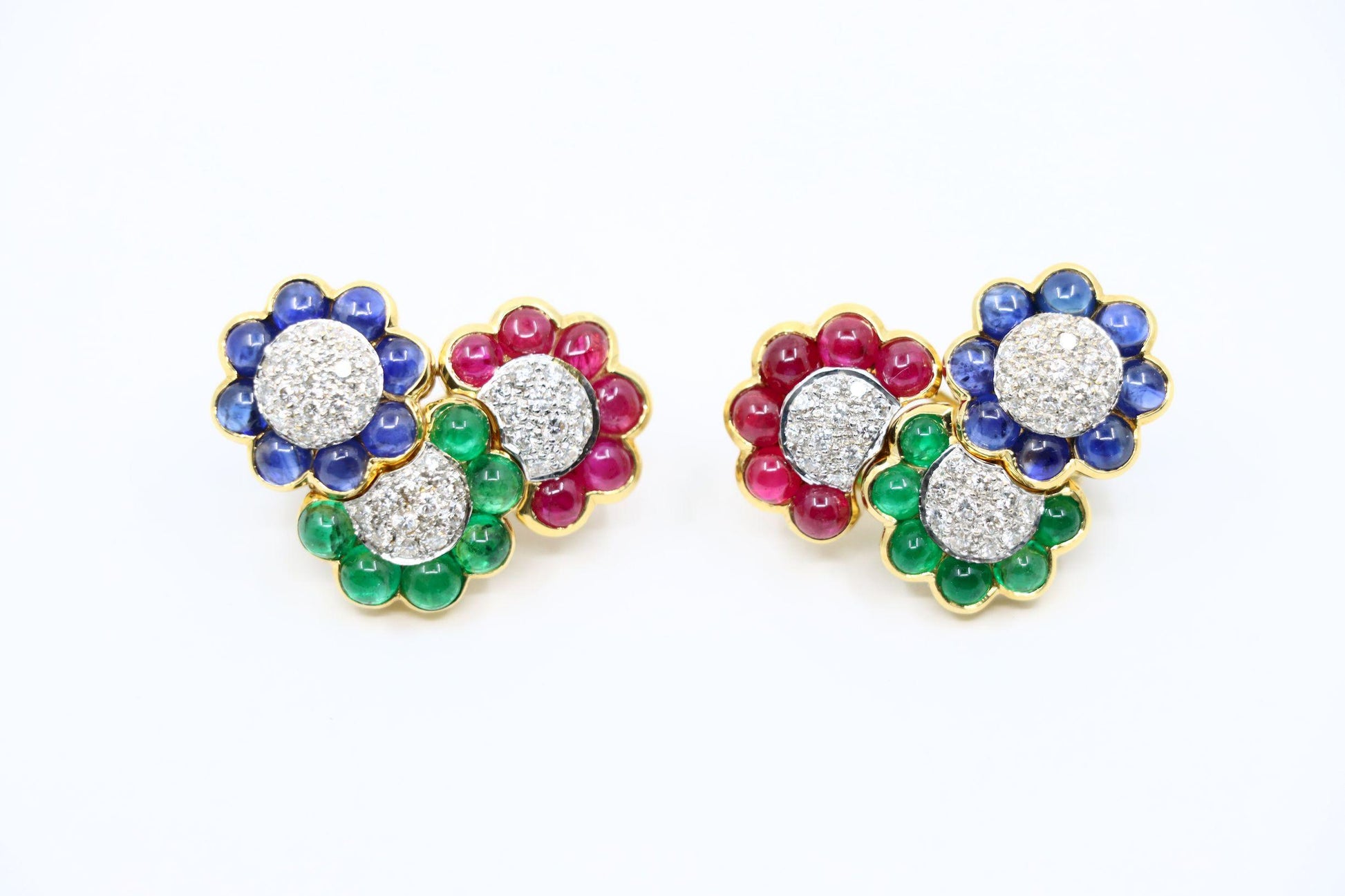 Vintage 18K Gold Diamond Ruby Sapphire Emerald Earrings