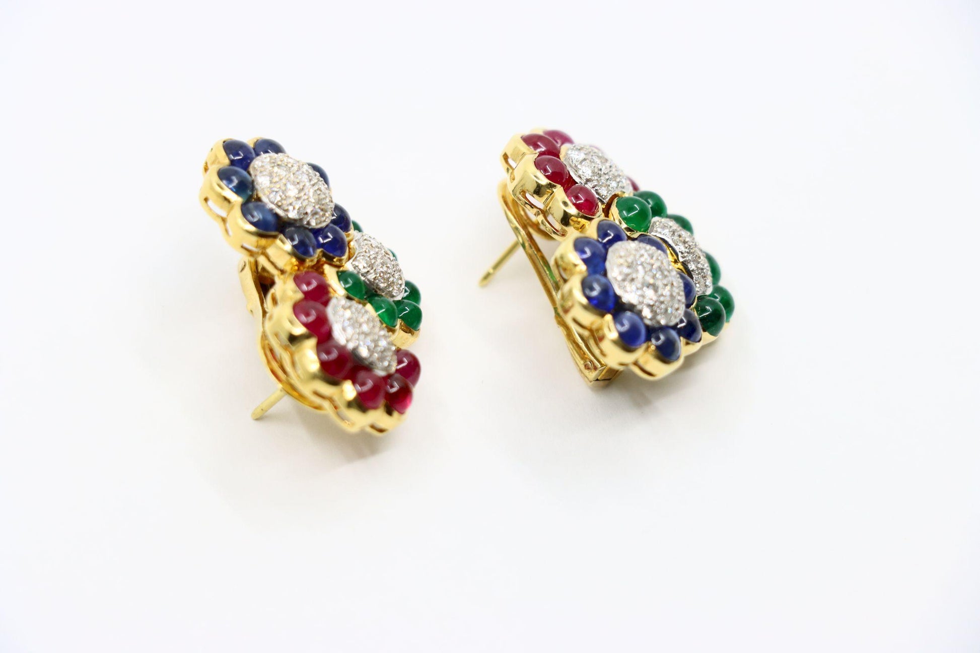 Vintage 18K Gold Diamond Ruby Sapphire Emerald Earrings
