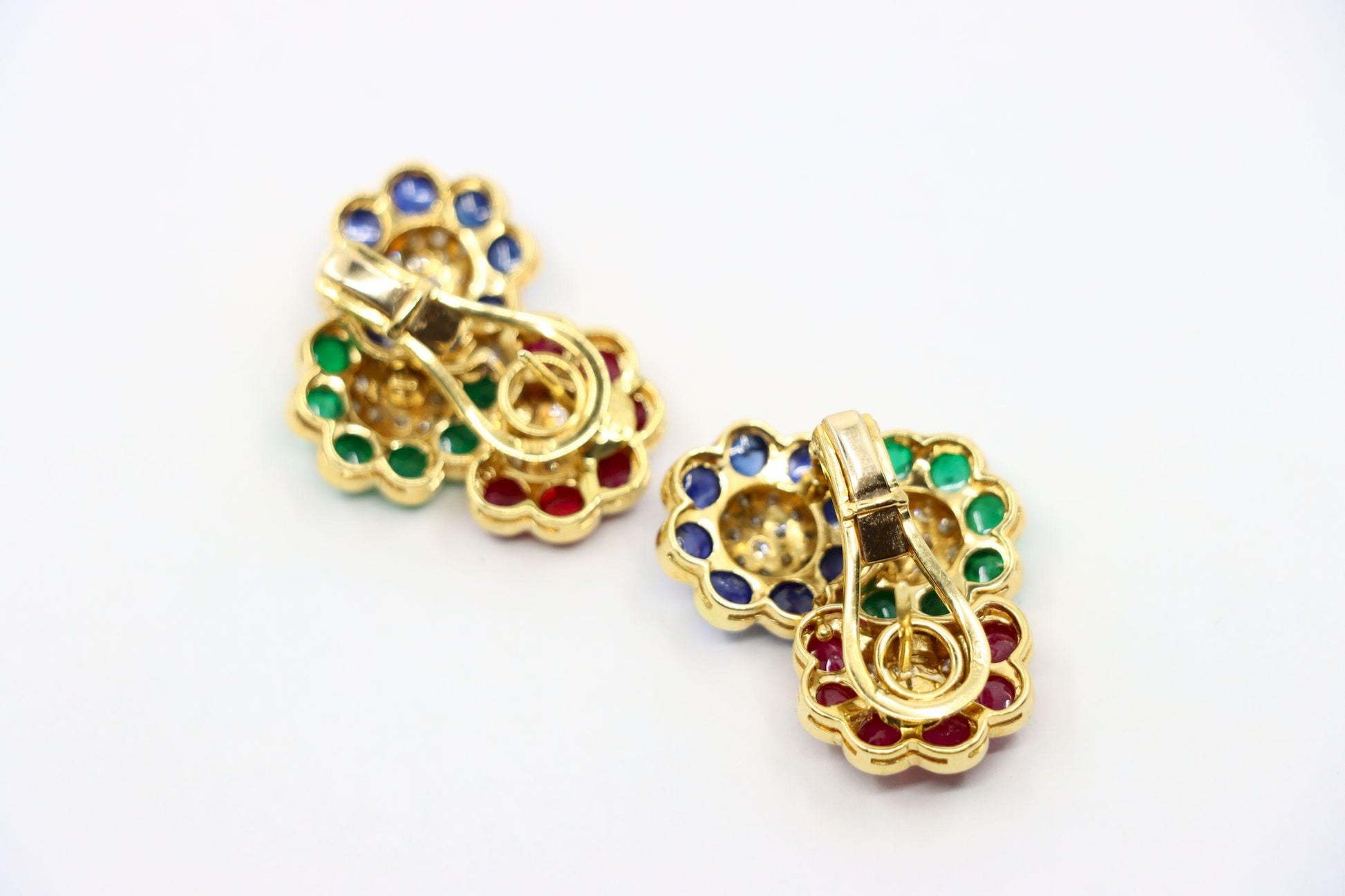 Vintage 18K Gold Diamond Ruby Sapphire Emerald Earrings