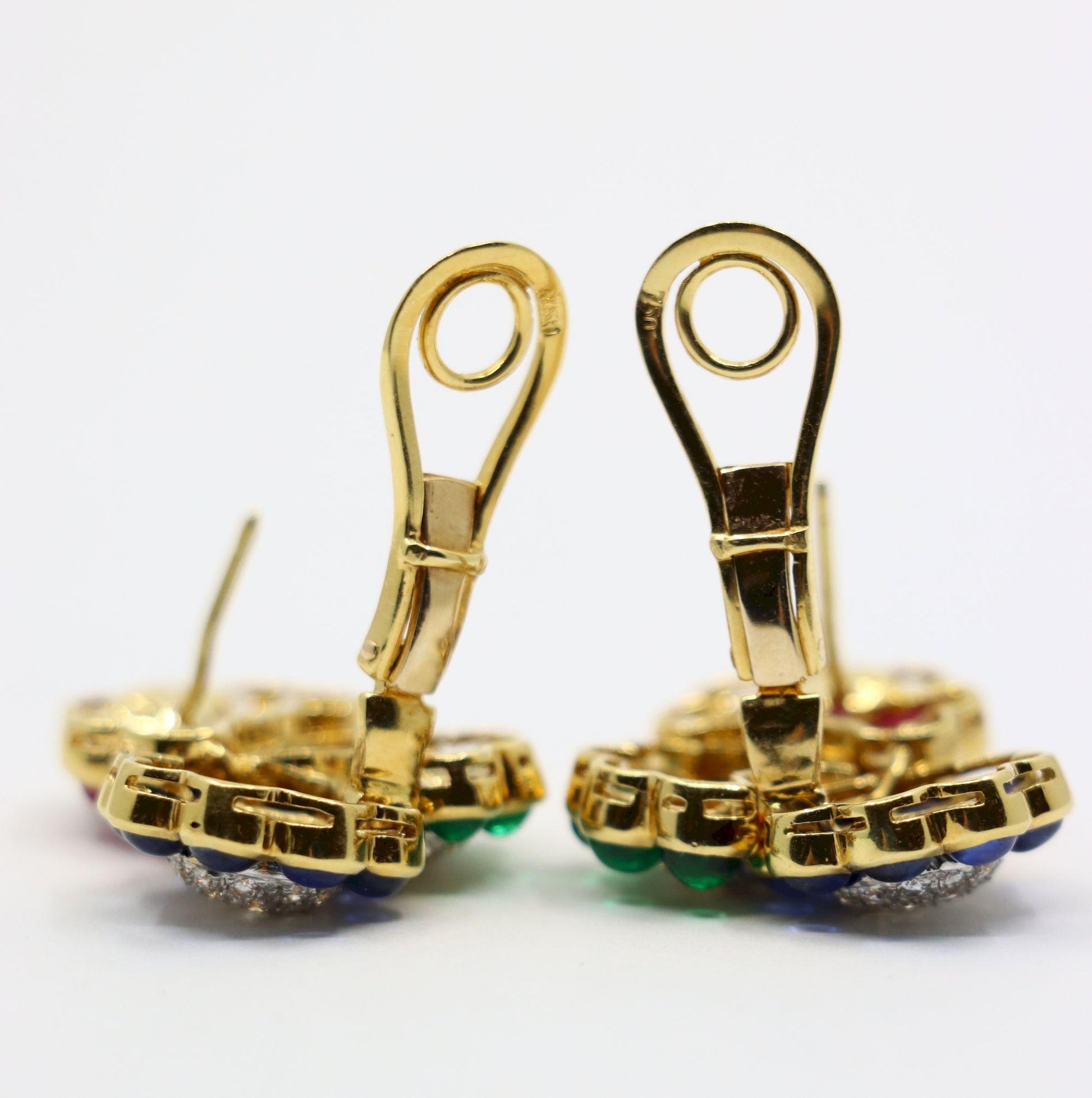 Vintage 18K Gold Diamond Ruby Sapphire Emerald Earrings