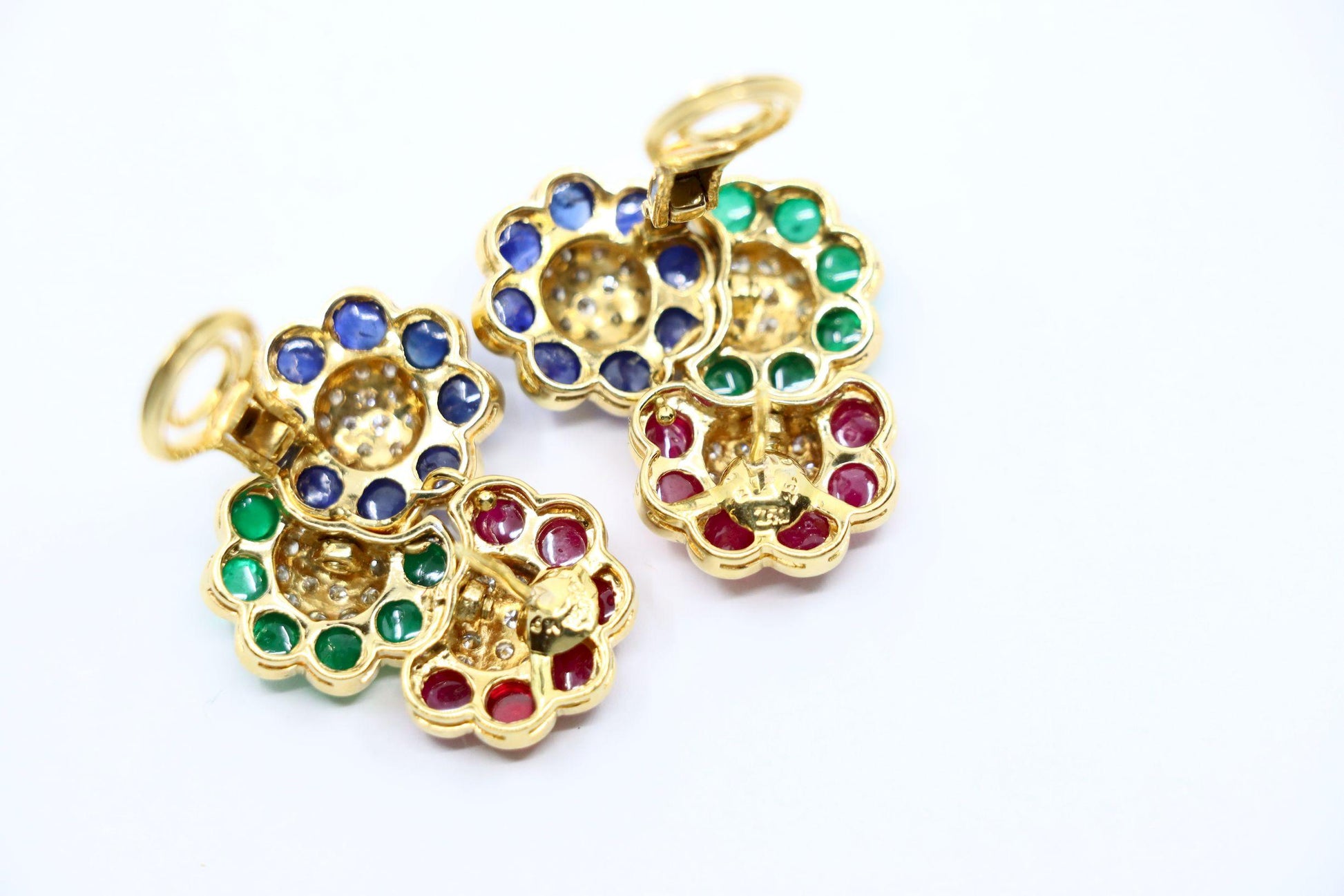 Vintage 18K Gold Diamond Ruby Sapphire Emerald Earrings
