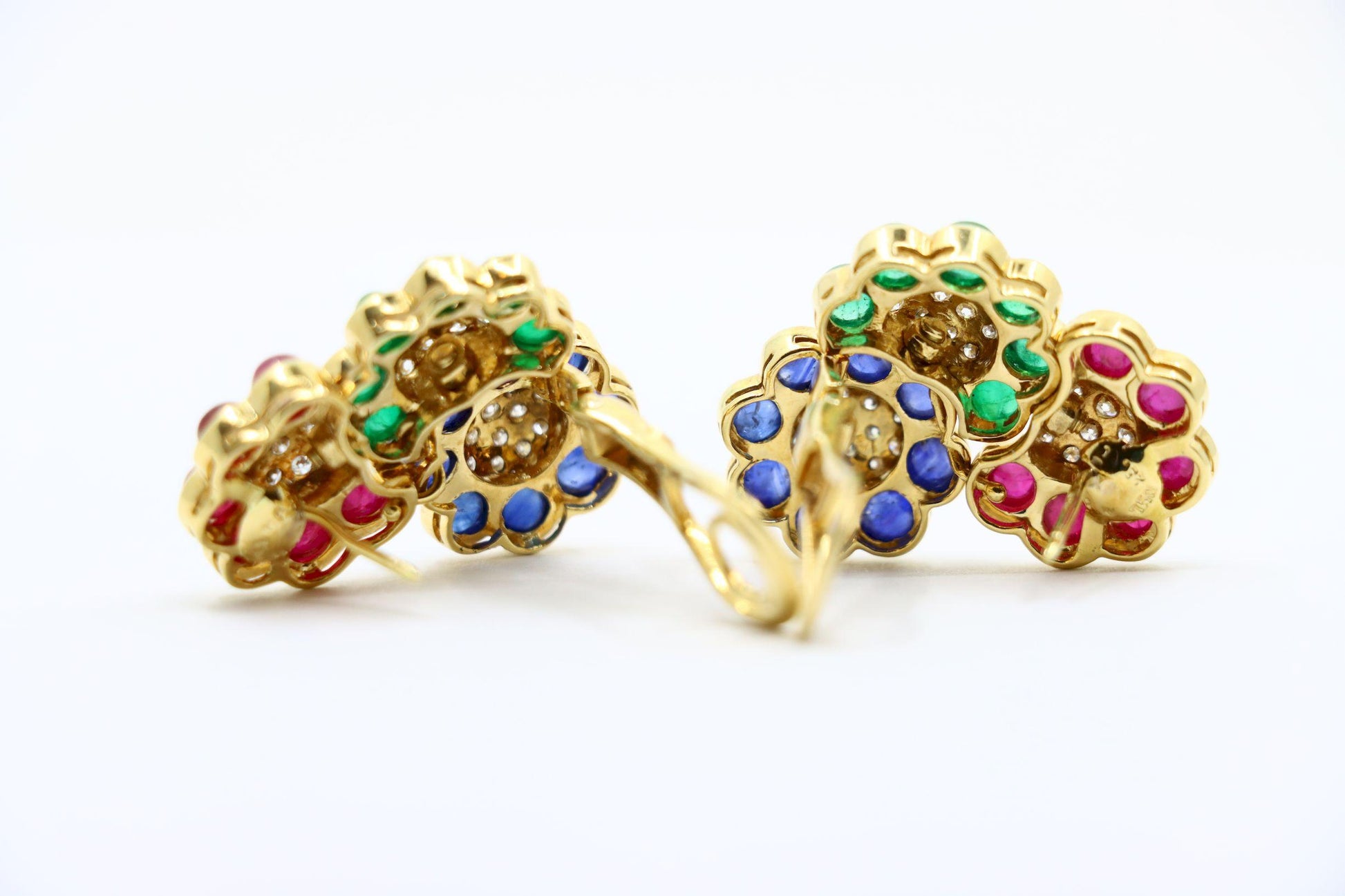 Vintage 18K Gold Diamond Ruby Sapphire Emerald Earrings