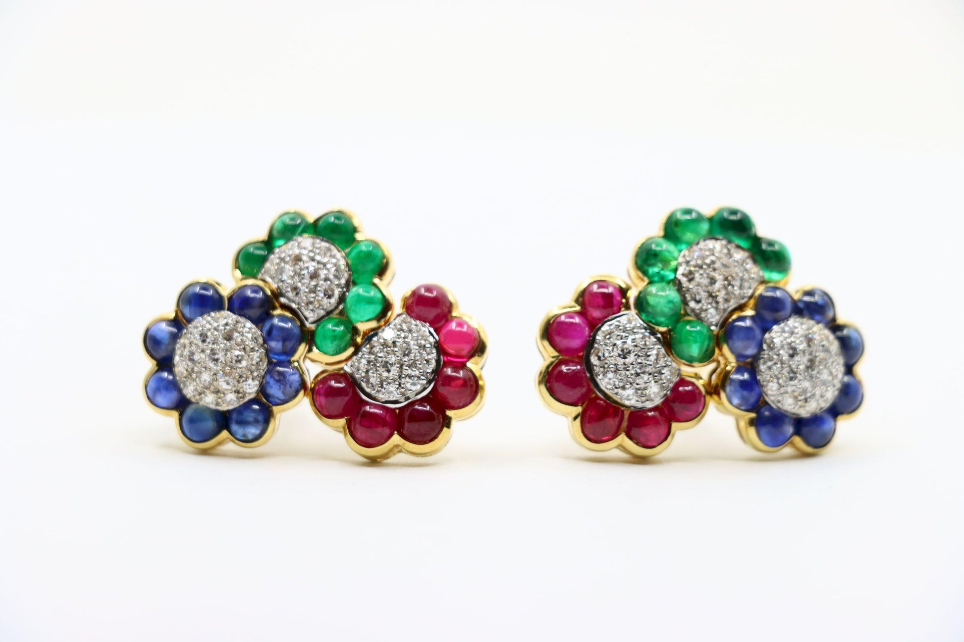 Vintage 18K Gold Diamond Ruby Sapphire Emerald Earrings