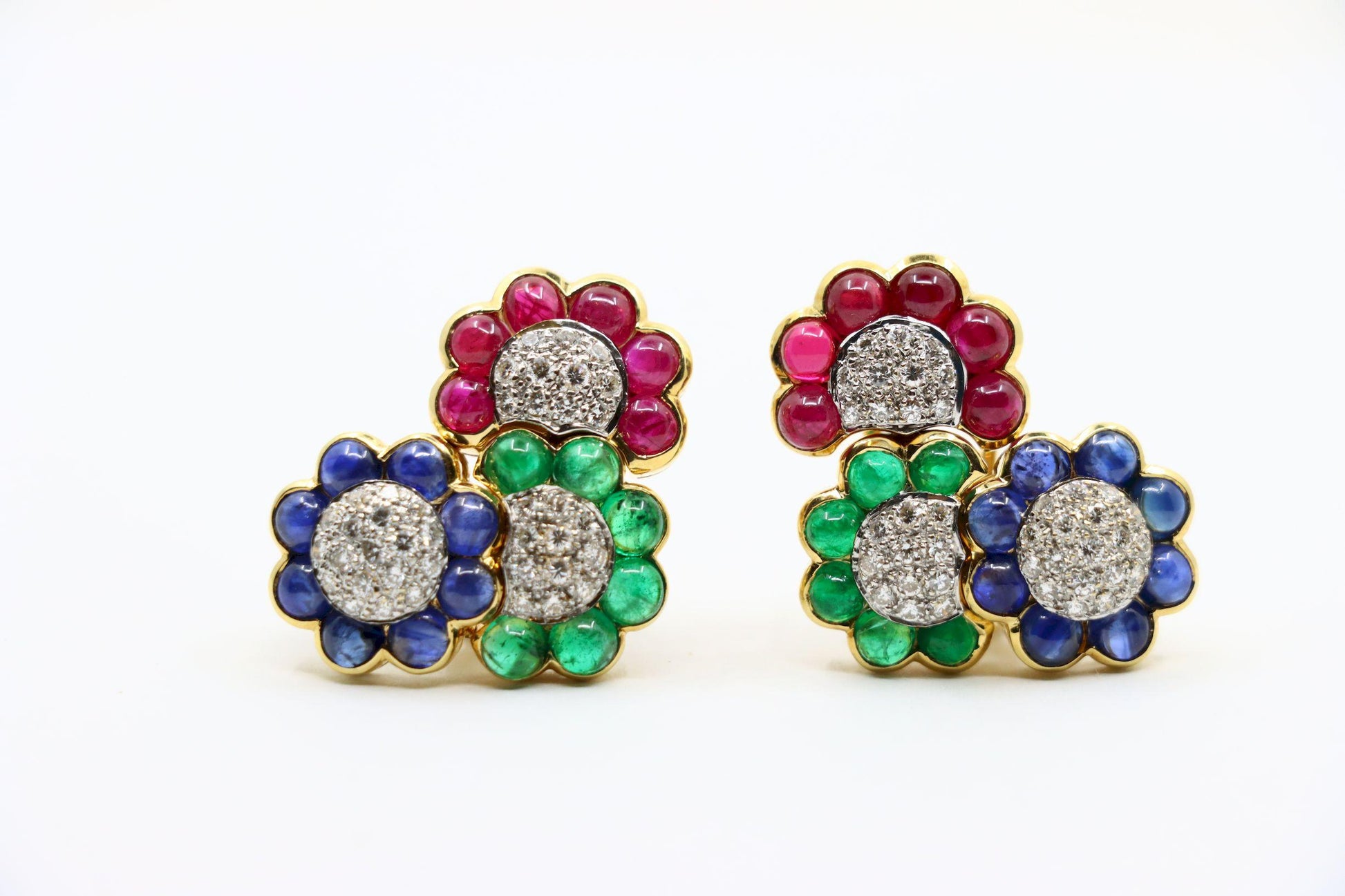 Vintage 18K Gold Diamond Ruby Sapphire Emerald Earrings