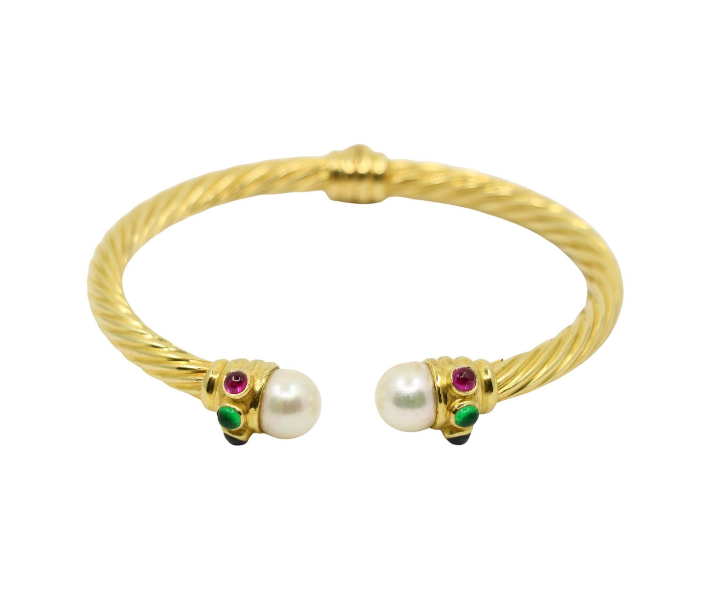 Vintage 18K Gold Pearl Ruby Sapphire Emerald Cuff Bracelet