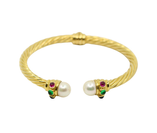 Vintage 18K Gold Pearl Ruby Sapphire Emerald Cuff Bracelet