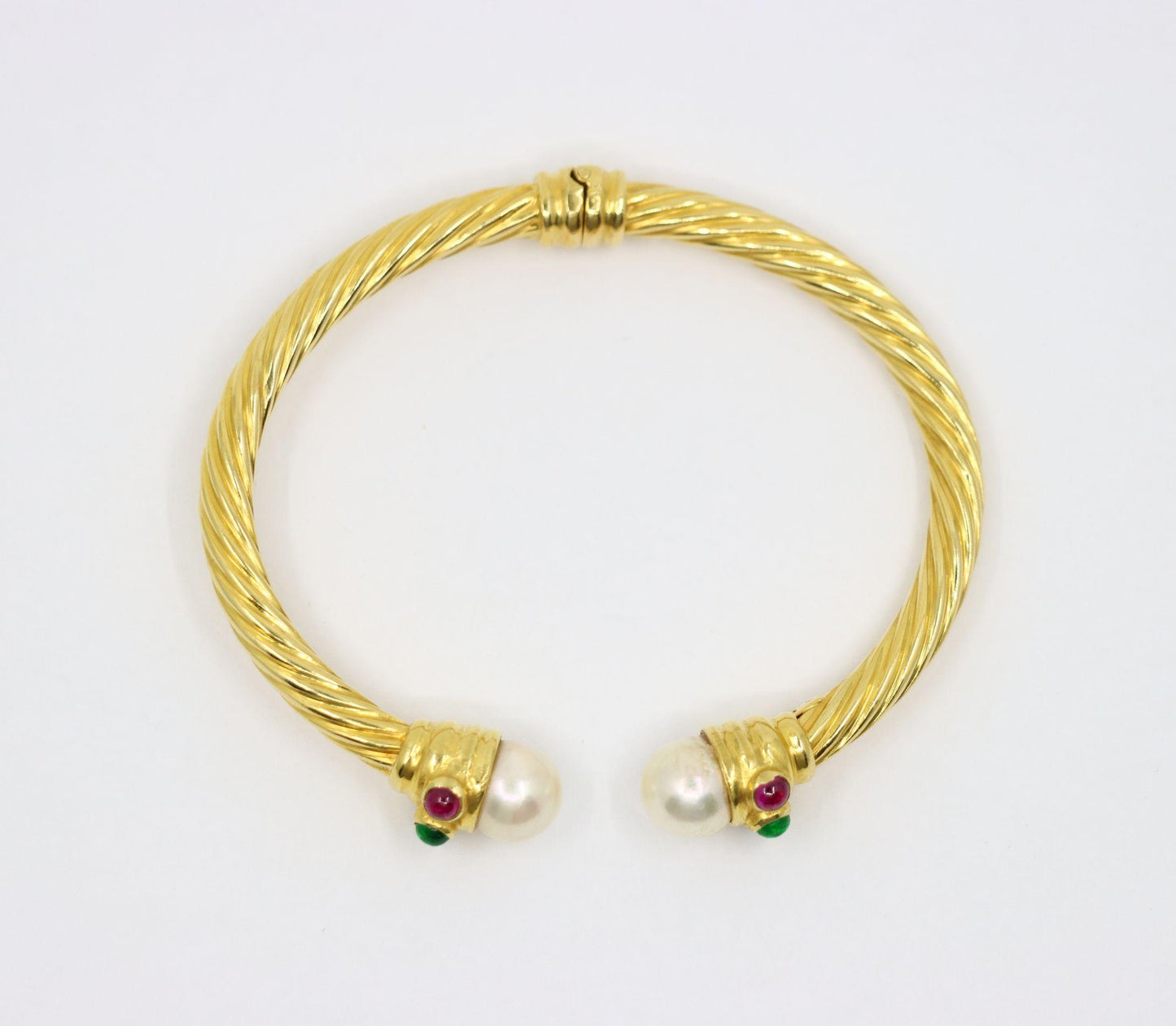 Vintage 18K Gold Pearl Ruby Sapphire Emerald Cuff Bracelet