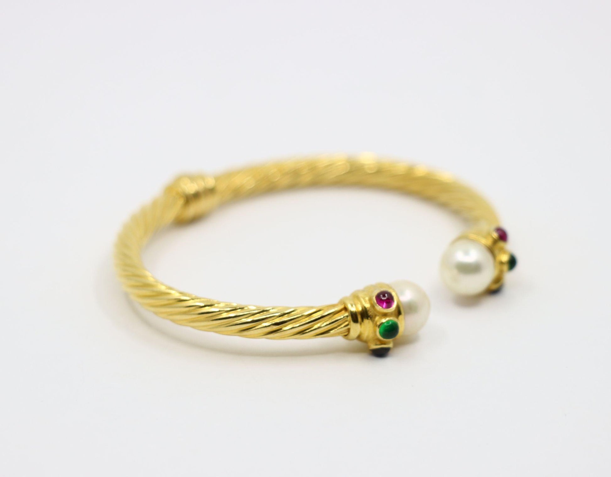 Vintage 18K Gold Pearl Ruby Sapphire Emerald Cuff Bracelet