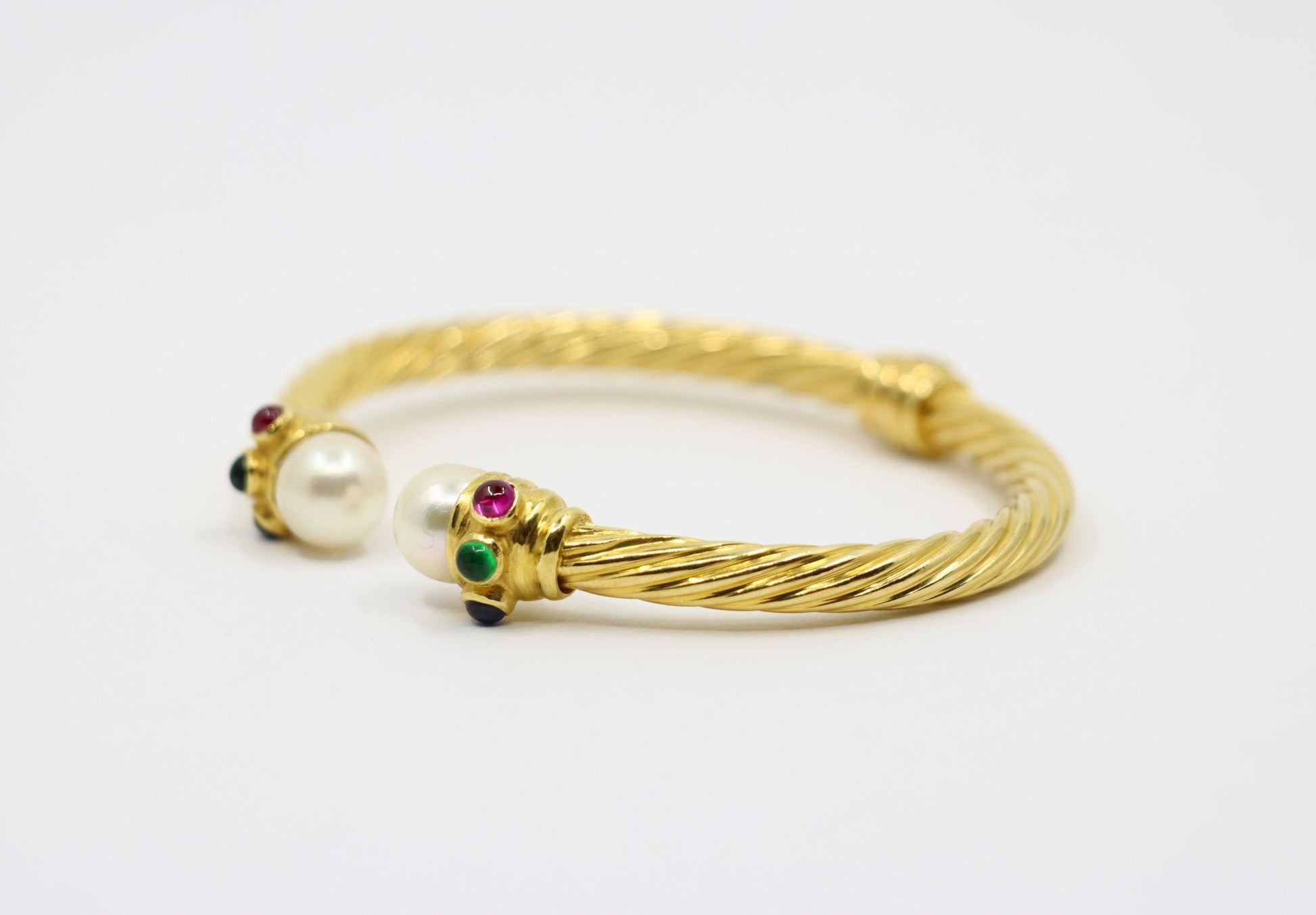 Vintage 18K Gold Pearl Ruby Sapphire Emerald Cuff Bracelet
