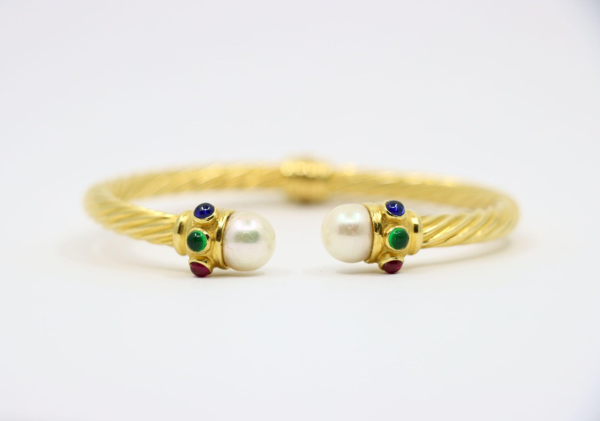 Vintage 18K Gold Pearl Ruby Sapphire Emerald Cuff Bracelet